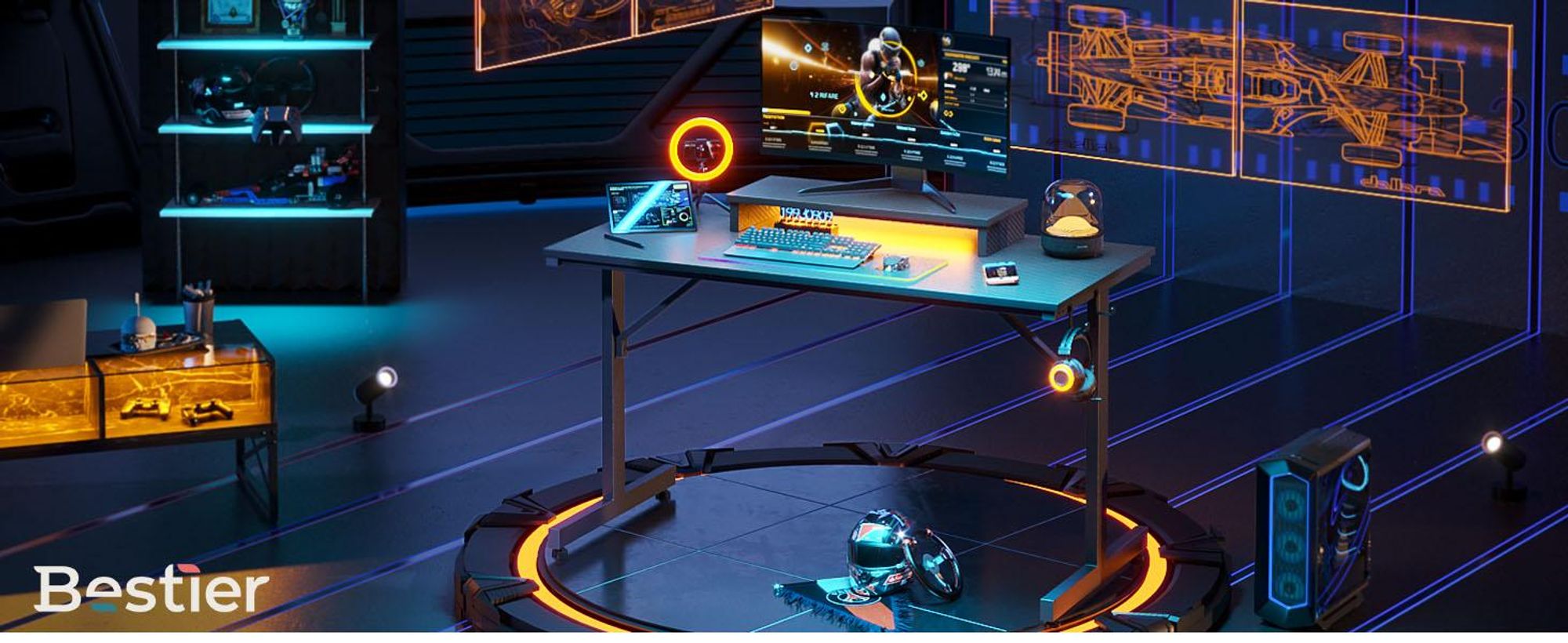 Bestier Gaming Schreibtisch 107cm klein, mit LED-Beleuchtung, Monitorständer, Headset-Haken & Becherhalter
