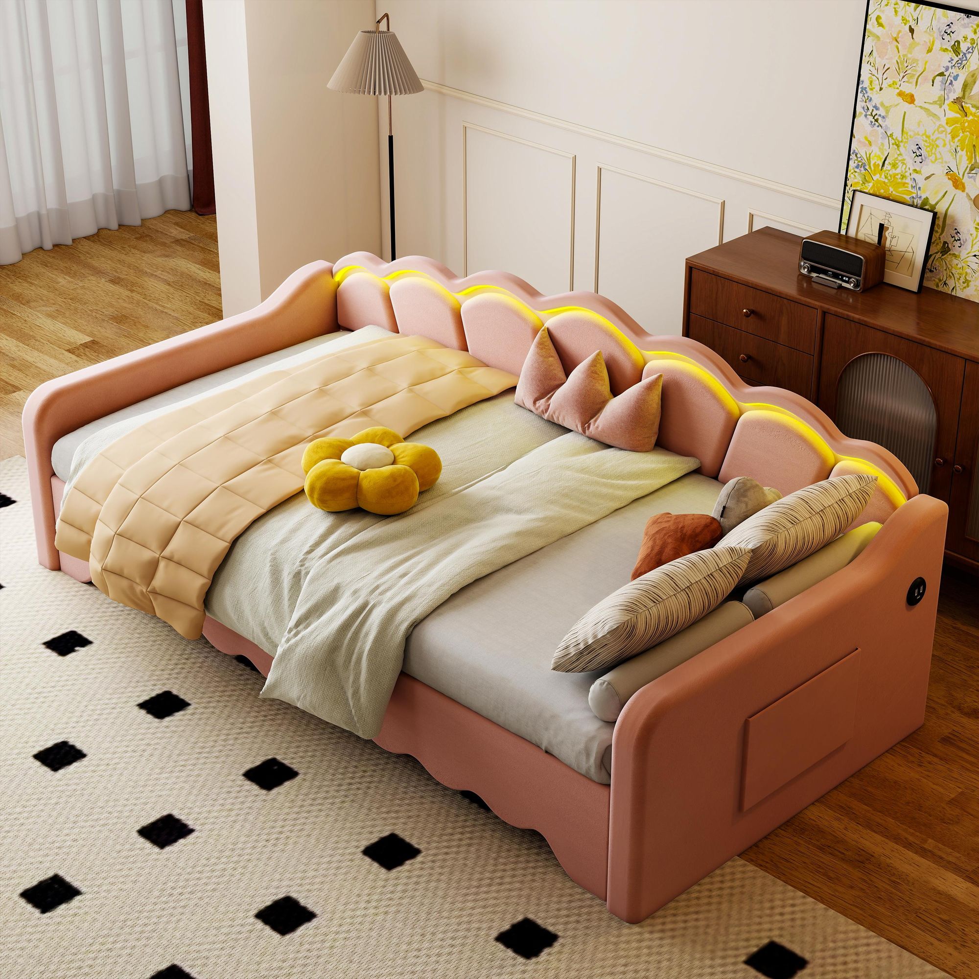 OYAJIA Daybett Polsterbett 90x190cm mit Ausziehbett 180x190cm Samt Polsterbett Schlafsofa Kinderbett Tagesbett mit LED-Beleuchtung
