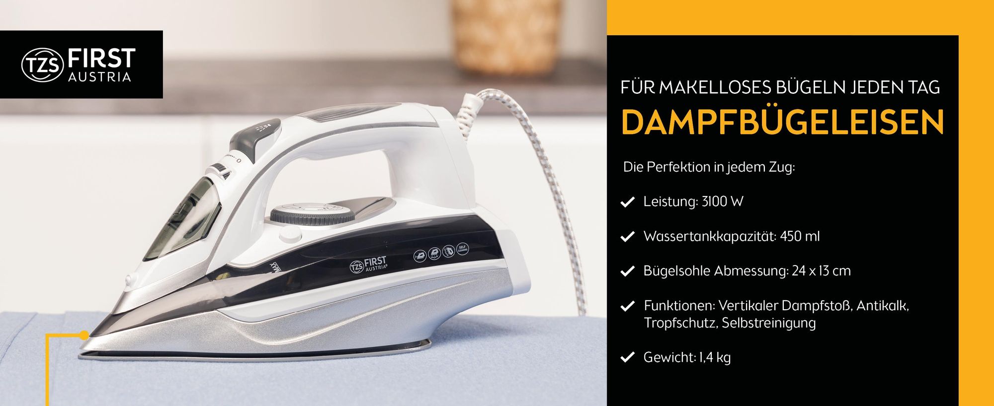 TZS First Austria - Dampfbügeleisen 3100 W - Keramiksohle - 93 Düsen, 25g/min Dampf - Vertikaldampf, Anti-Kalk & 450ml Wassertank - Grau