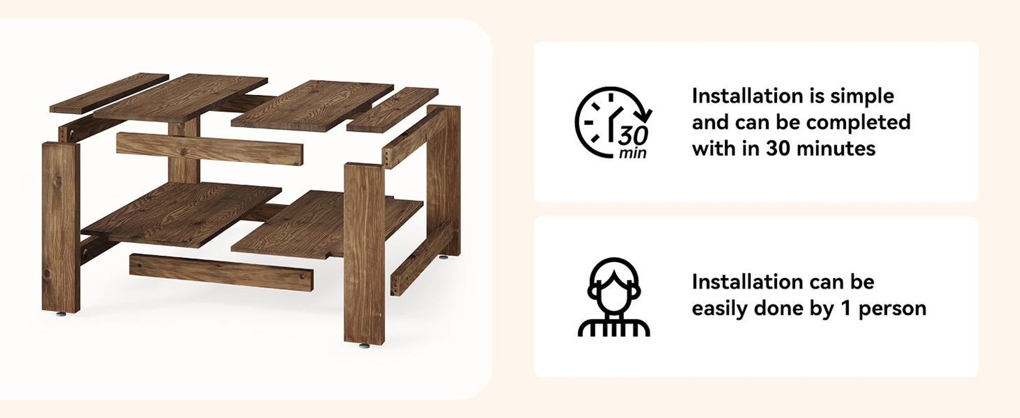 Tribesigns Massivholz Couchtisch Quadratisch 80 x 80 cm, Landhausstil Wohnzimmertisch mit Stauraum Braun, 2-stöckiger Kaffeetisch für Wohnzimmer, Büro