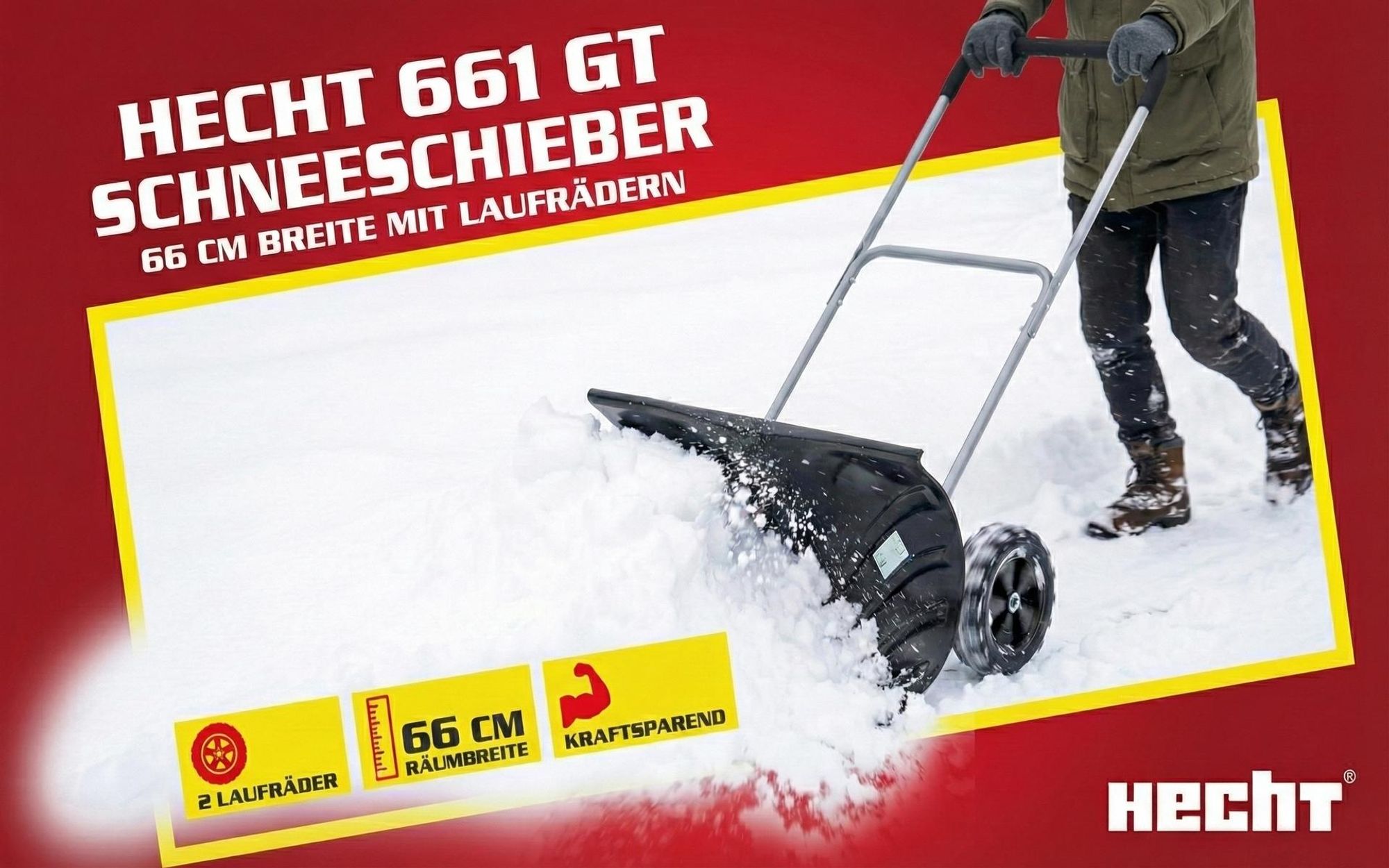 HECHT 661 GT Schneeschieber Schneeschaufel mit Räder | 66 cm Räumbreite | Alu-Profil-Kante | 140 cm Höhe