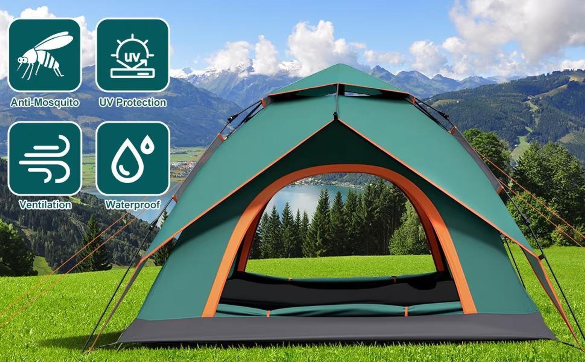 Campingzelt, Pop-up Zelt, Automatik Wurfzelte, für 3-4 Personen, Großes Familienzelt mit Tragetasche, für Festival, Campingplatz