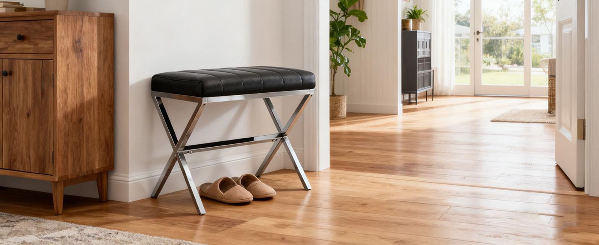 Duhome Sitzhocker Kunstleder, Polsterhocker Fußhocker Gepolstert Moderner Hocker mit Metallgestell für Flur Wohnzimmer Schlafzimmer, Schwarz
