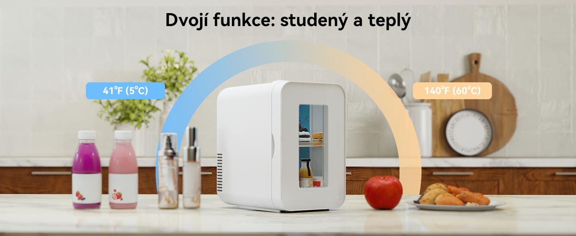 Mini lednička Puluomis o objemu 8 litrů s funkcí chlazení i ohřevu, rozsah teplot 5°C až 60°C, průhledné okénko, napájení 220-240V/12V, provozní hlučnost ≤30dB, vhodná pro kosmetiku a nápoje