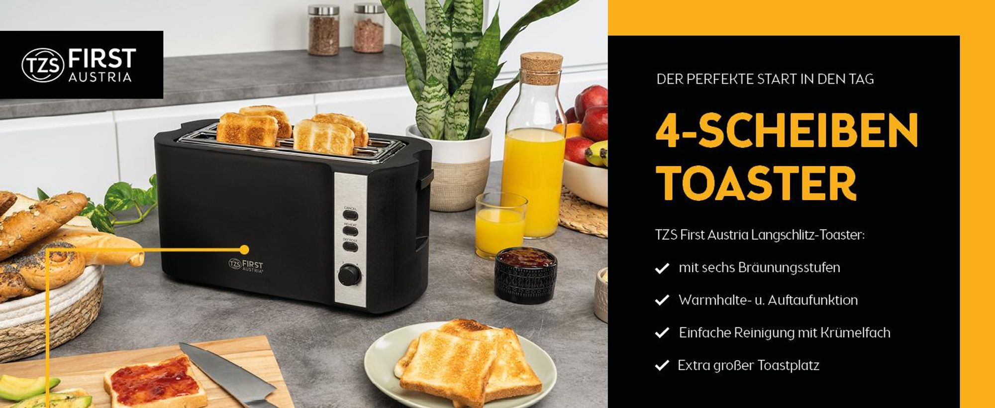 TZS First Austria Toaster Langschlitz, 4 Scheiben, 1200-1500W, 6 Bräunungsgrade, Auftau- und Aufwärmfunktion, Brotzentrierung, Krümelfach, Schwarz/Edelstahl