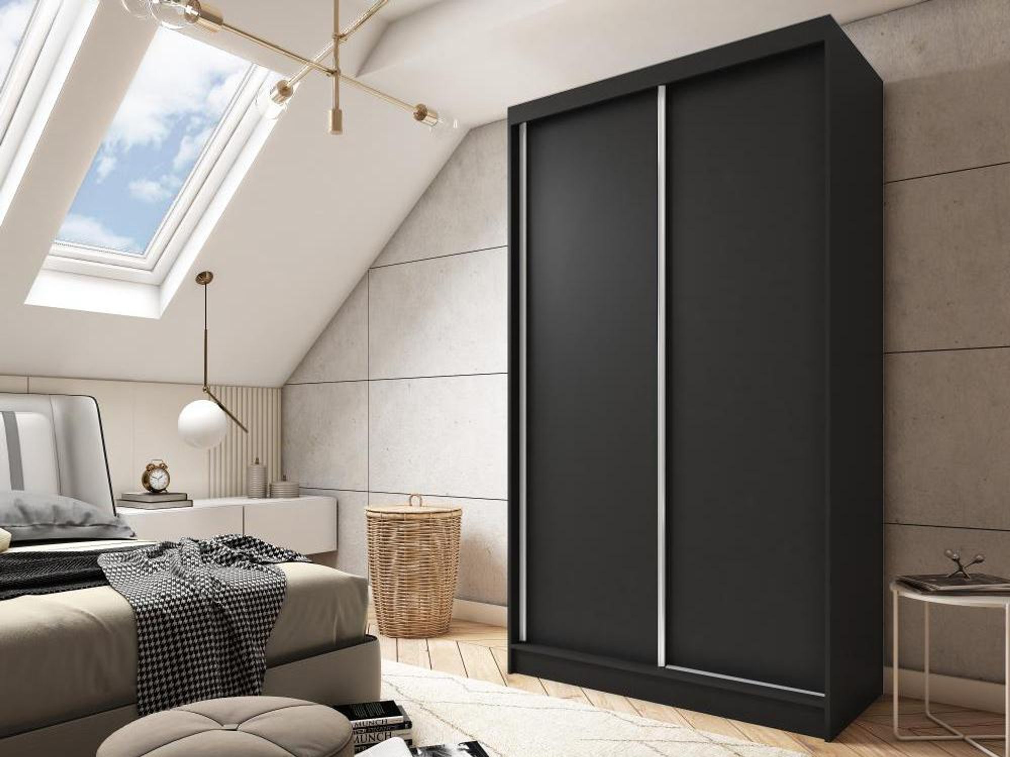BEAUTYSOFA Kleiderschrank MARIO 120 cm Schwarz – Schwebetürenschrank mit 2 Schiebetüren, Regale & Kleiderstange, Schrank ohne Spiegel