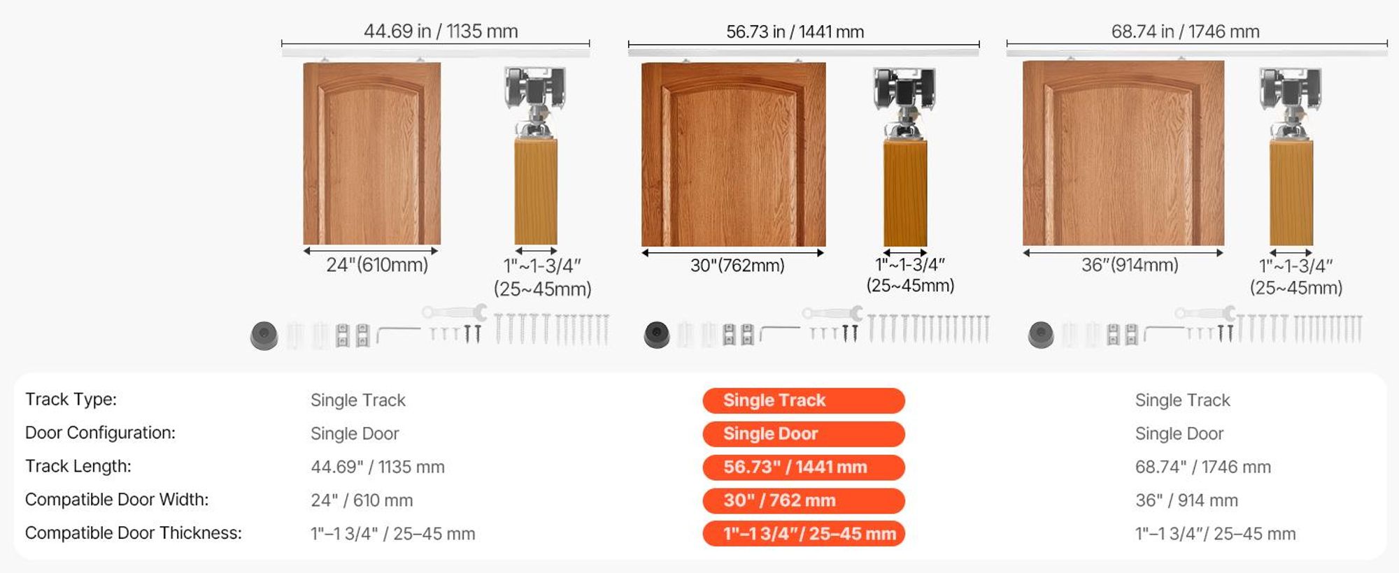 VEVOR Schiebetürbeschlagset, 1,75 m Schwerlast Schiebetürbeschlagset, Gewerbliche Schiebetürbeschläge und Schiene für 24"-36" breite Einzeltüren, Einfach und reibungslos zu installieren, 5 ft-c, Mit sanftem Schließen-b