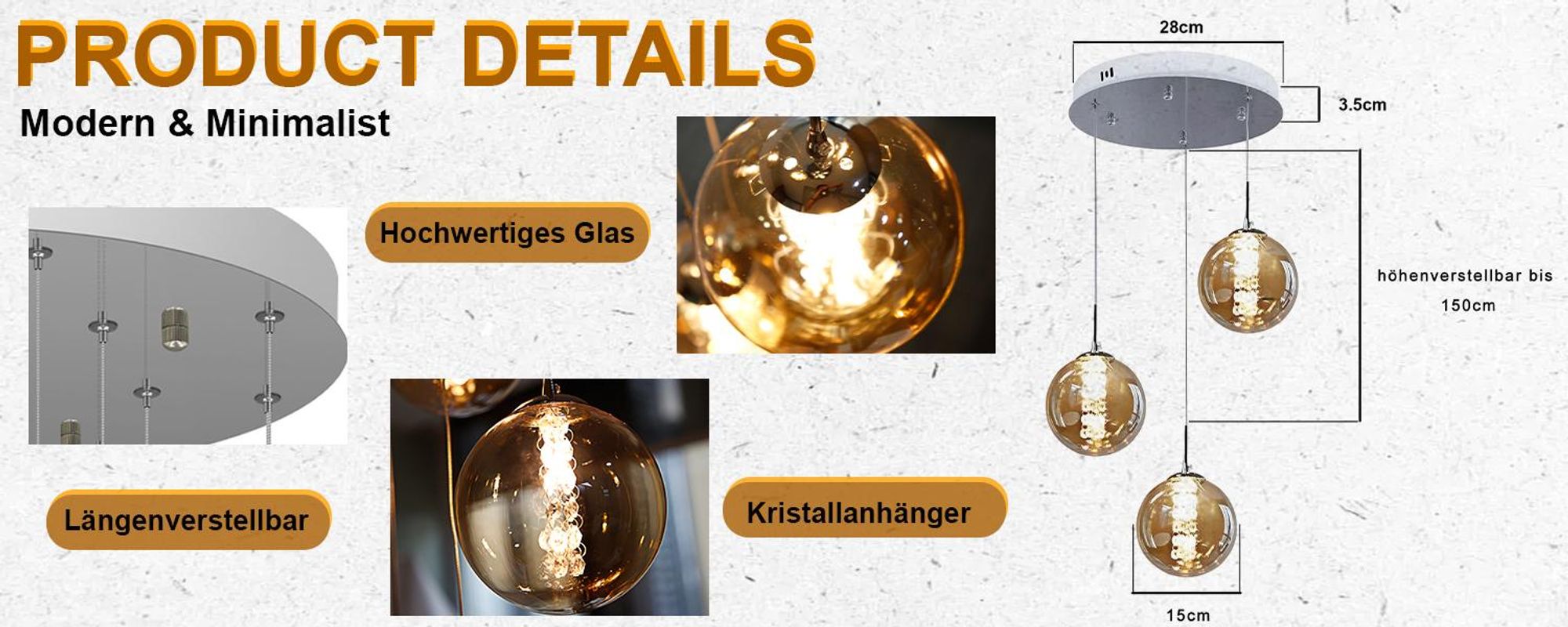 ZMH Wisiorek 3 Flame Amber Pendant z regulacją wysokości do salonu, sypialni, kuchni i przedpokoju