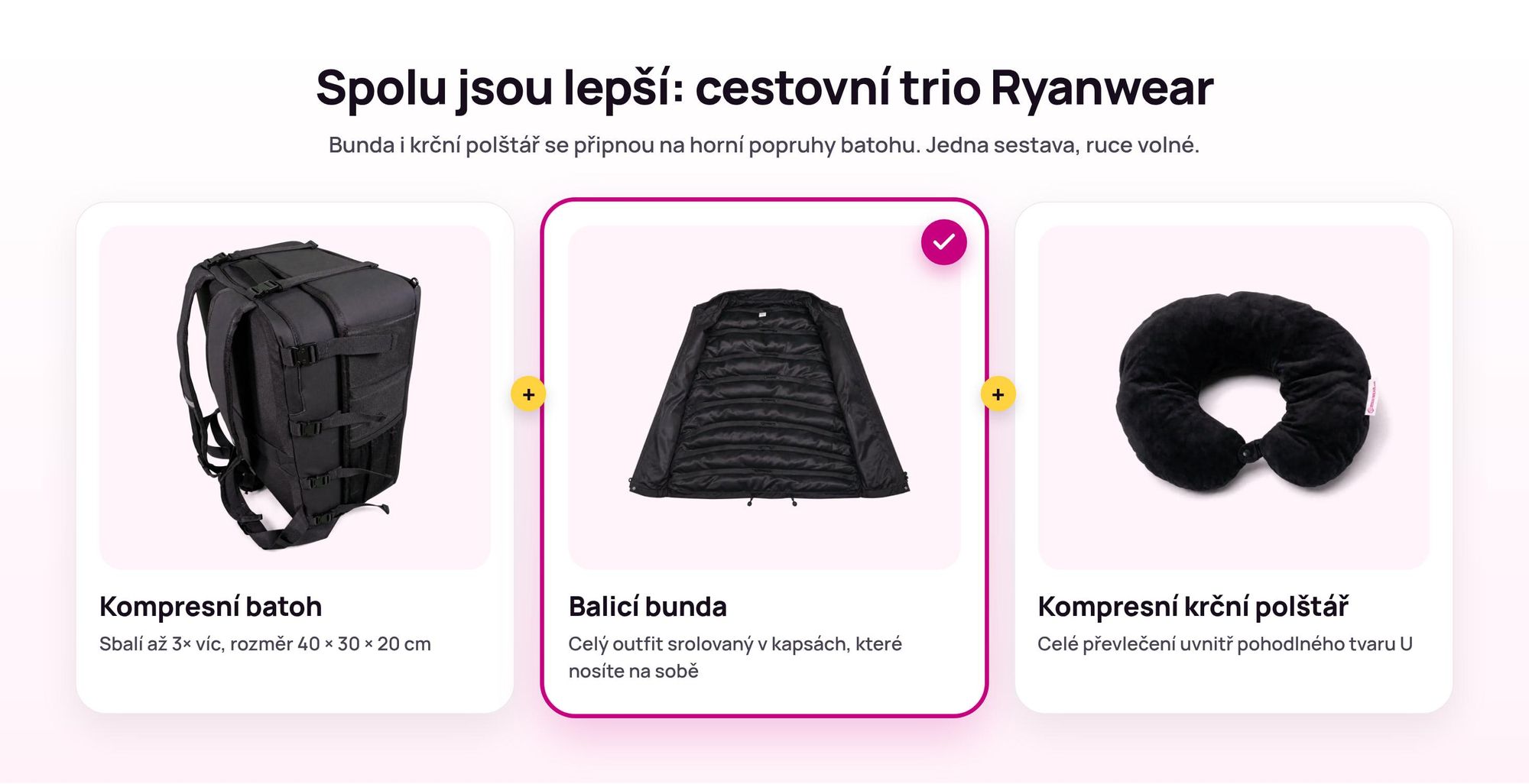 Kompresní batoh Ryanwear s Balicí bundou a Kompresním krčním polštářem připnutými nahoře