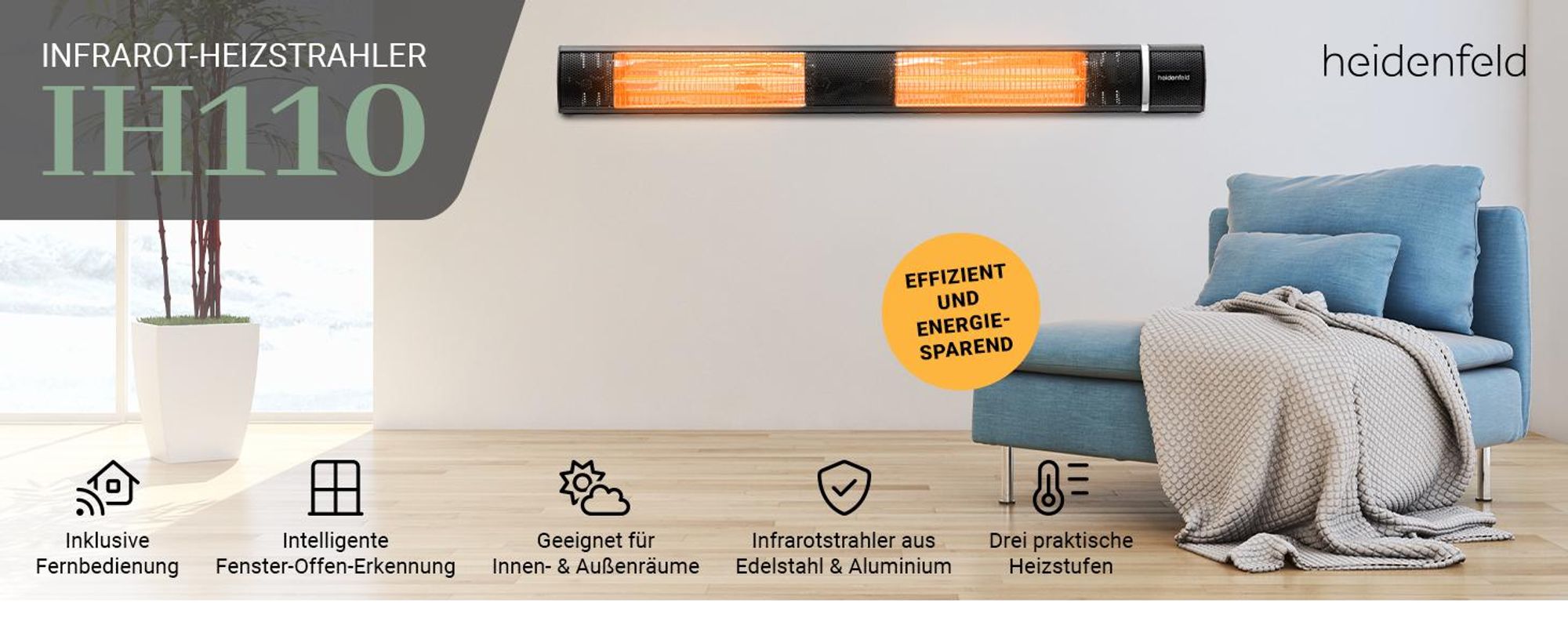Heidenfeld Infrarot Heizstrahler IH110 | 3 Heizstufen - 180 Grad neigbar - Terrassenstrahler - Infrarotstrahler - Elektroheizung - 1000 - 3000 Watt