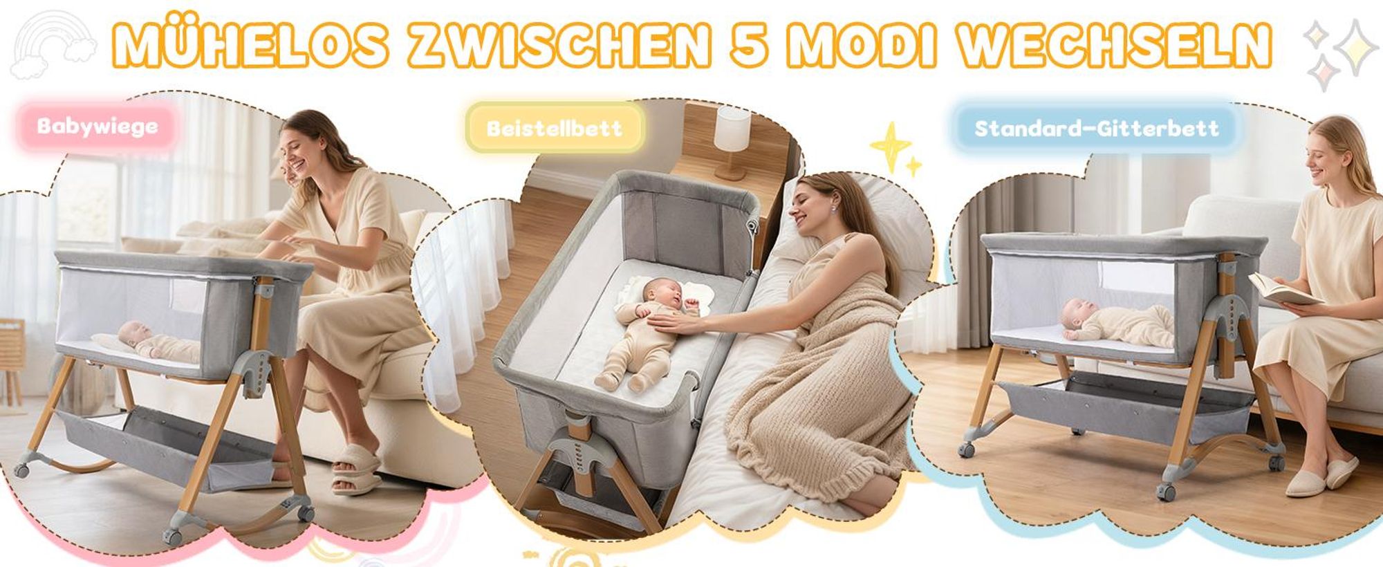 LEADZM 5-in-1 Beistellbett Babywiege Höhenverstellbar mit Matratze & Rollen，Babybett Schaukelfunktion，Grau