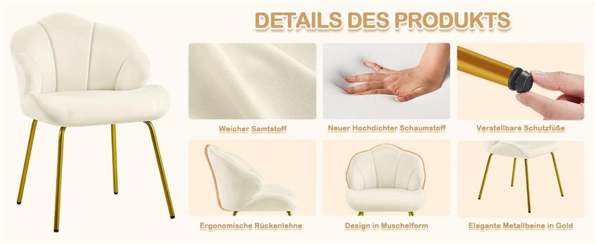Yaheetech Esszimmerstuhl Polsterstuhl in Muschelform, Schminktisch Stuhl mit Metallbeinen, Wohnzimmer/Schlafzimmer, Beige