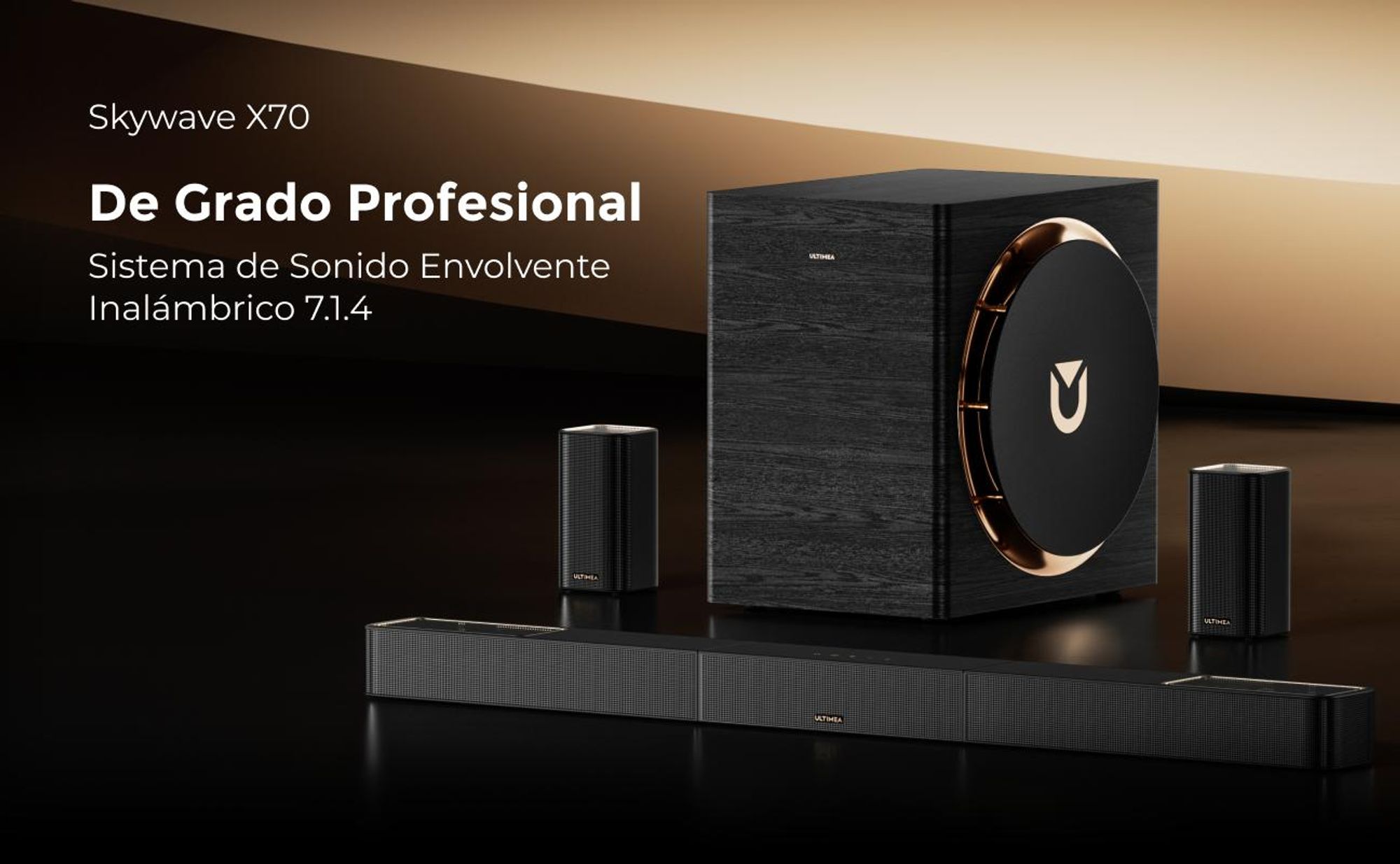 ULTIMEA Skywave Series: Sistema de sonido envolvente inalámbrico profesional de 7.1.4 canales para televisión, con Dolby Atmos, barra de sonido de 980 W y subwoofer inalámbrico de 10"
