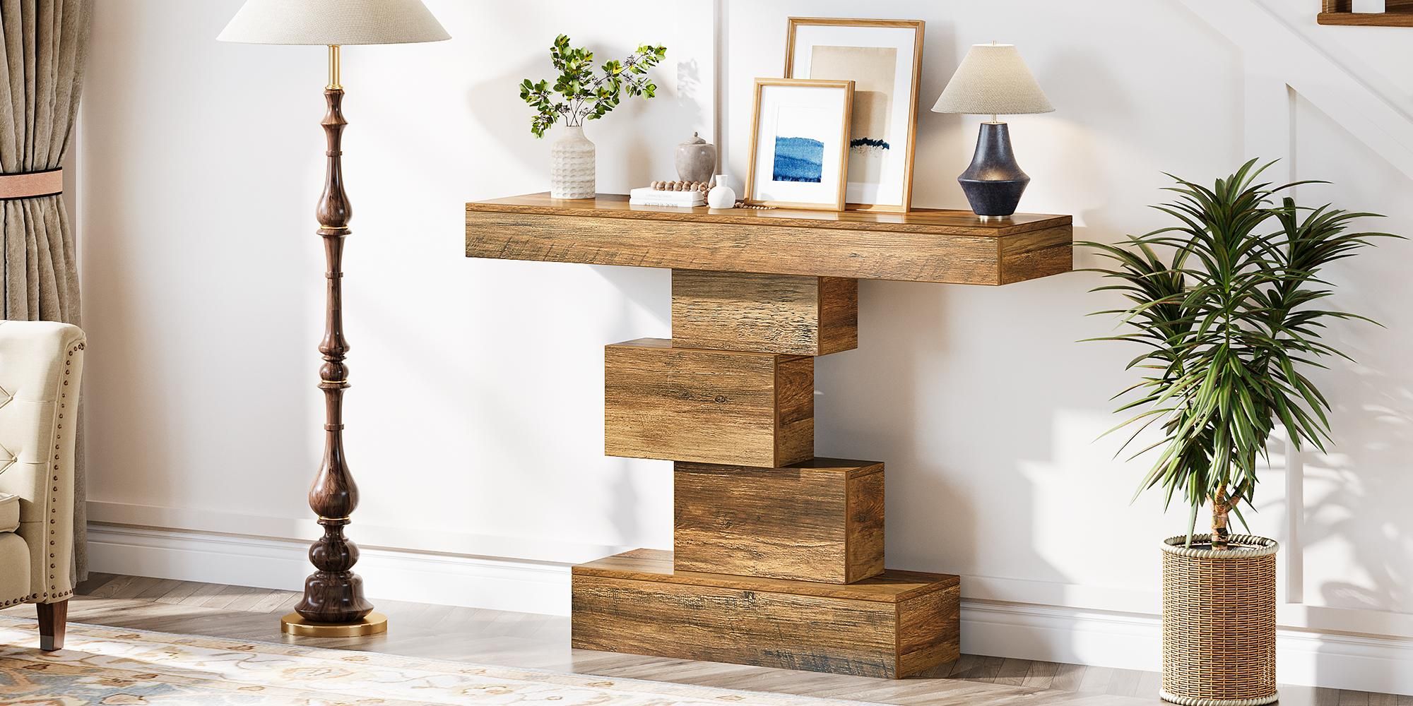 Tribesigns Konsolentisch, 108 cm schmaler Sofa-Beistelltisch Holz hinter der Couch mit platzsparendem geometrischem Sockel, Flurtisch (helle Eiche)