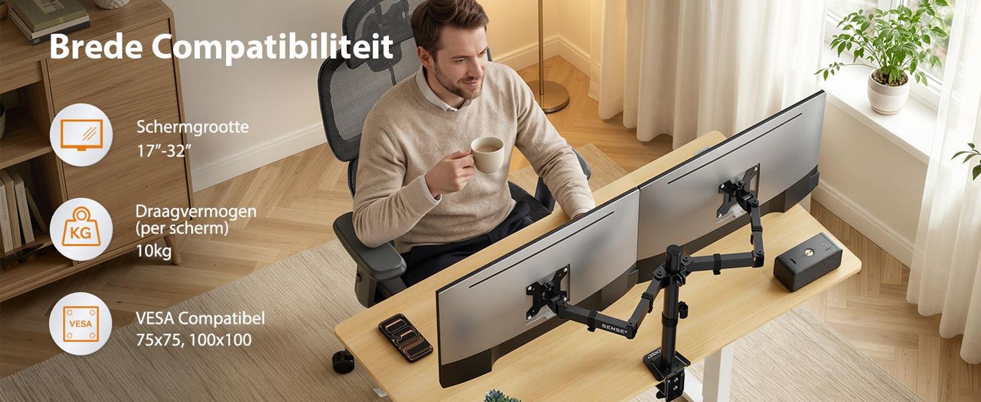 SENSE7 Hanglamp, dubbele monitorhouder, geschikt voor schermen van 17-32 inch, VESA-compatibel, 2x9kg draagvermogen, pivotfunctie, gasveer, bureau, 2 schermen, zwart, ergonomisch