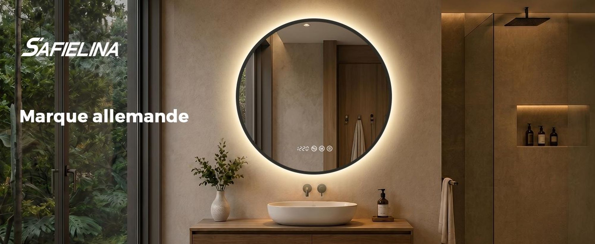 S'AFIELINA Miroir Salle de Bain LED Rond 70 cm, Interrupteur tactile, Anti-Buée, Horloge & Température, Cadre Noir
