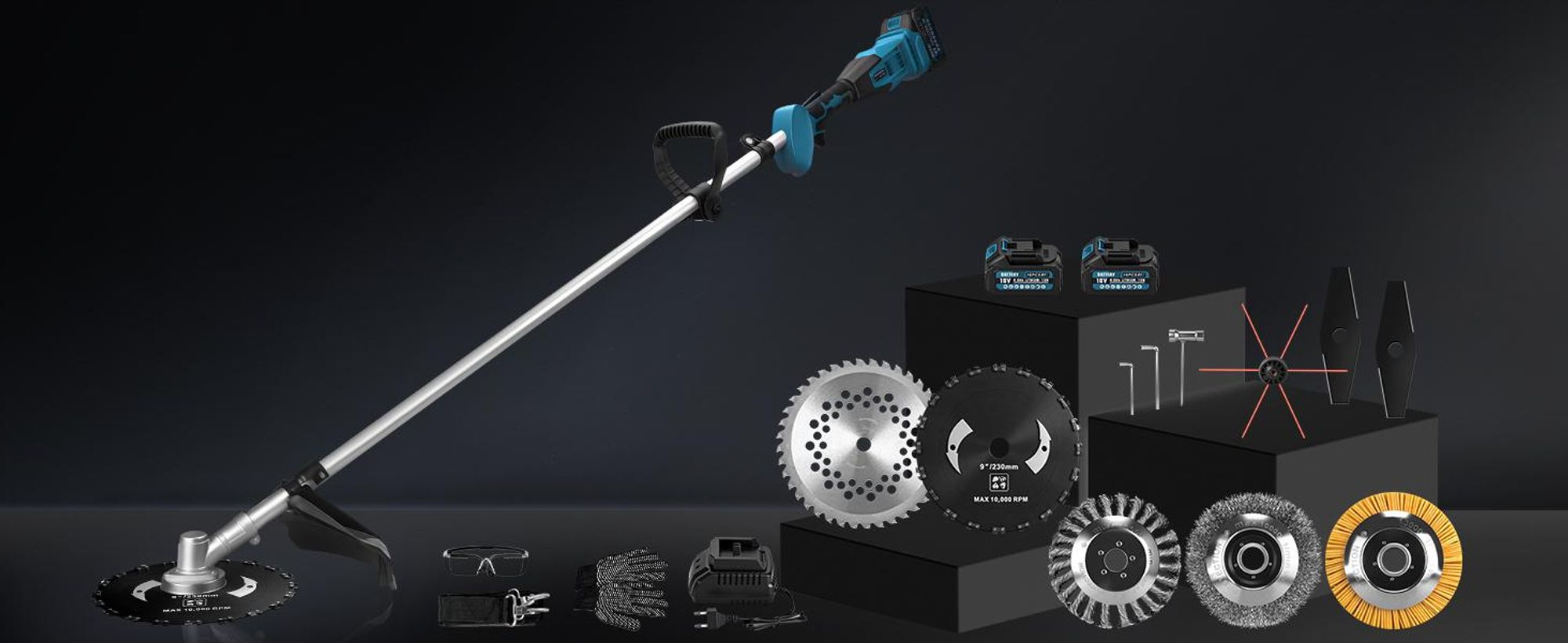 1380W Akku Rasentrimmer mit 2×4.0Ah Akku 18V, 168cm Teleskop Freischneider mit 7 Klingentypen Unkrautbürste Motorsense 18800U/min Bürstenloser Motor