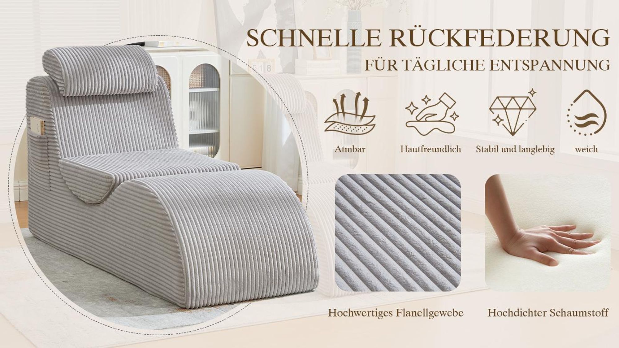 LVHOM Polsterliege mit abnehmbaren Kissen und Fußstütze, Chaiselongue Relaxliege mit Seitentasche, Liegesessel mit Schlafenfunktion, Cordstoff, Khaki