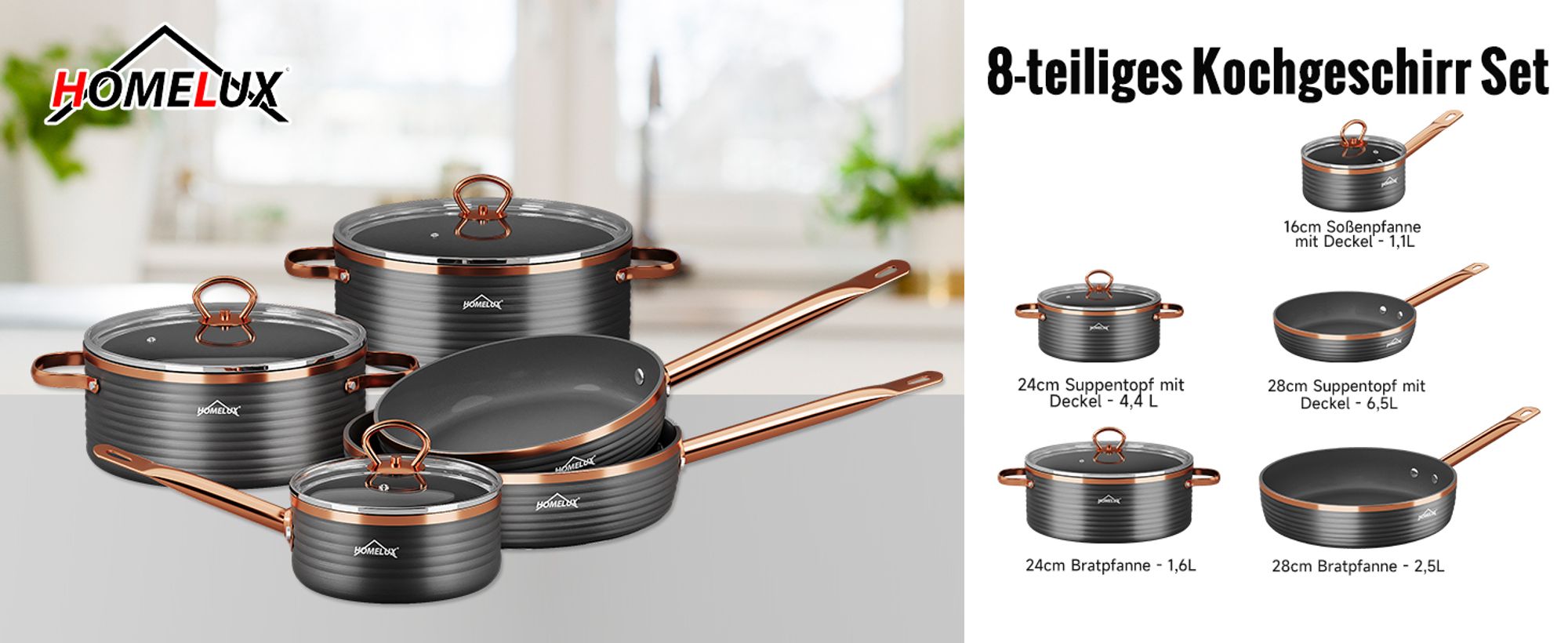 Topfsets 8-tlg Kochtopf Set Induktions mit Antihaftbeschichtung, Enthält 2 Bratpfannen & 3 Kochtöpfe, für Alle Herdarten Kochgeschirr Set