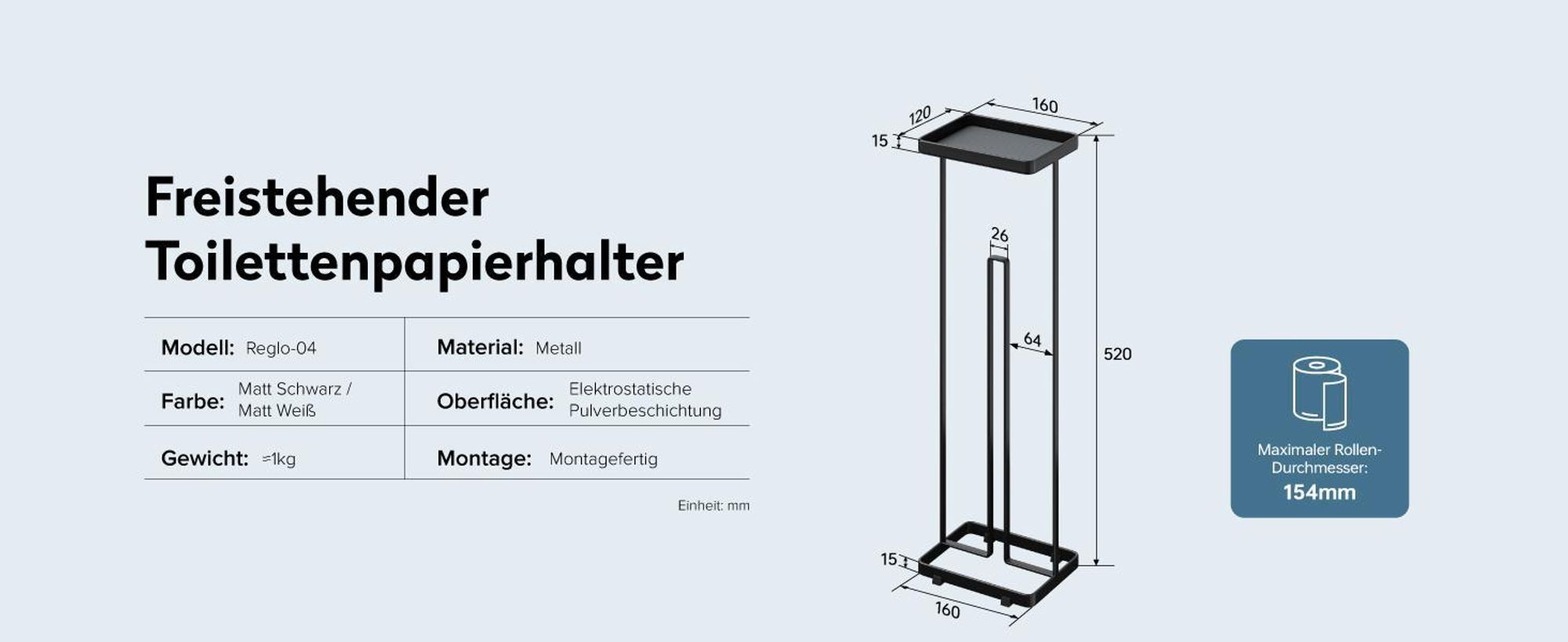 doporro Toilettenpapierhalter Stehend Klopapierhalter mit Oberem Ablagefach und Aufbewahrung für 4 Rollen Toilettenpapierständer Matt weiß Reglo-04