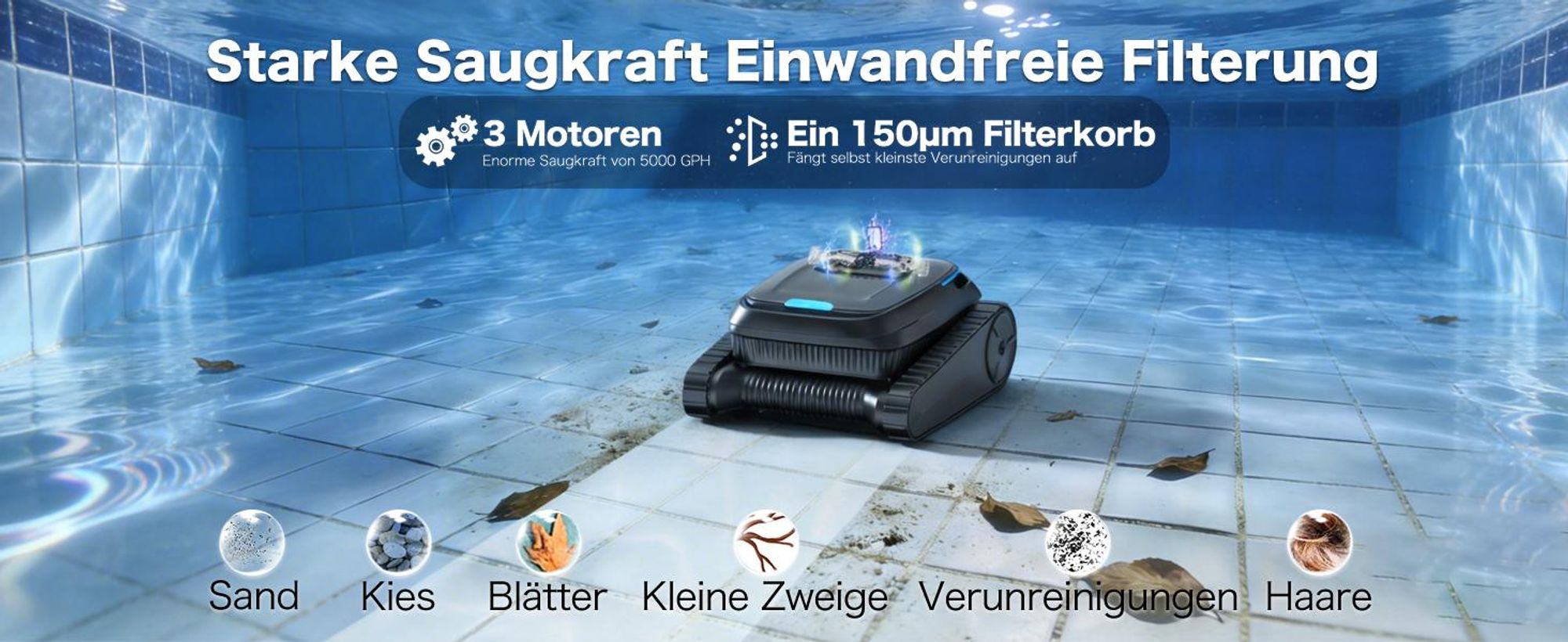 AIRROBO CP20 Poolroboter Kabellos Poolsauger Autoparken und Wandklettern, 3 Motoren 120 Min, für Boden/ Wand/Wasserlinie