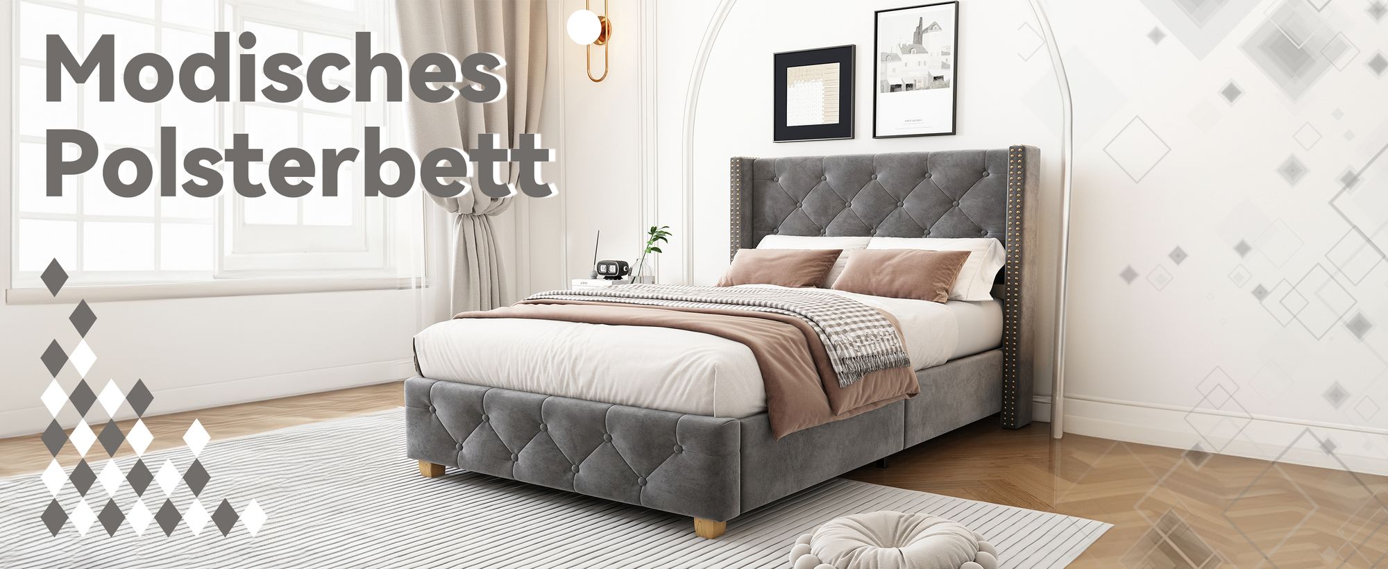 okwish Polsterbett 90×200 Einzelbett Jugendbett Kinderbett mit Lattenrost und Kopfteil, Knopfpolsterung,Nietenpolsterung aus Samt, Grau(ohne Matratze)