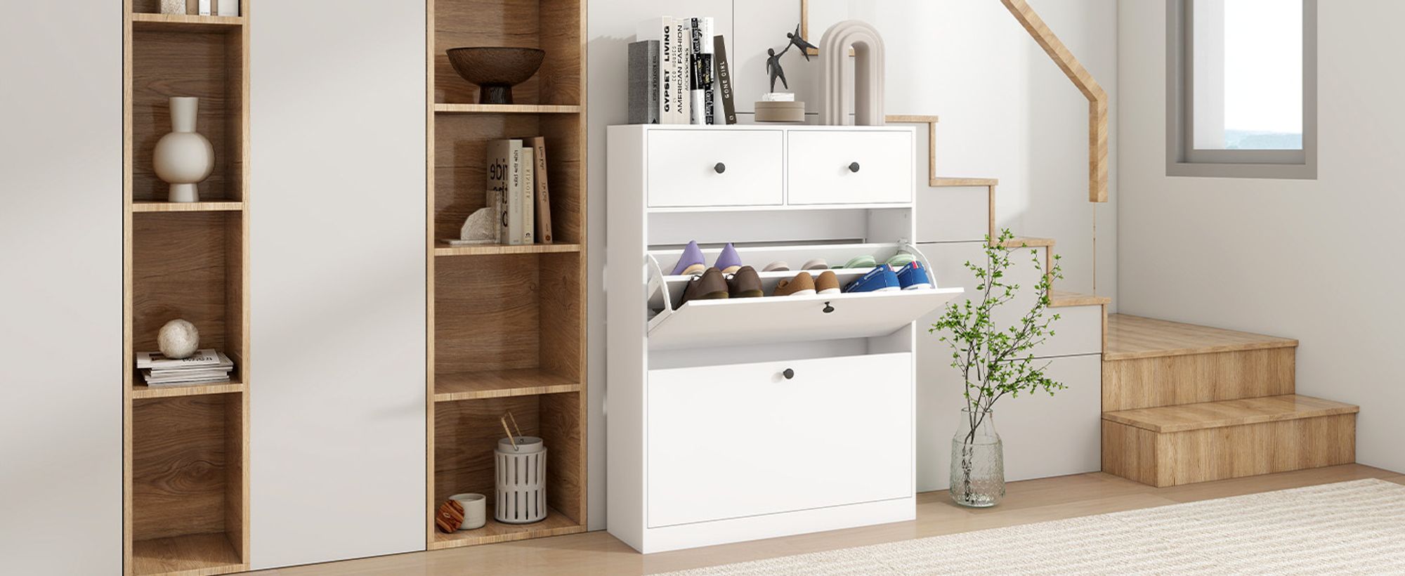 Puluomis Schuhschrank Schuhkipper mit 2 Schubladen und verstellbaren Regalen,24x80x106cm Höhe mit Kippschutz, weiß
