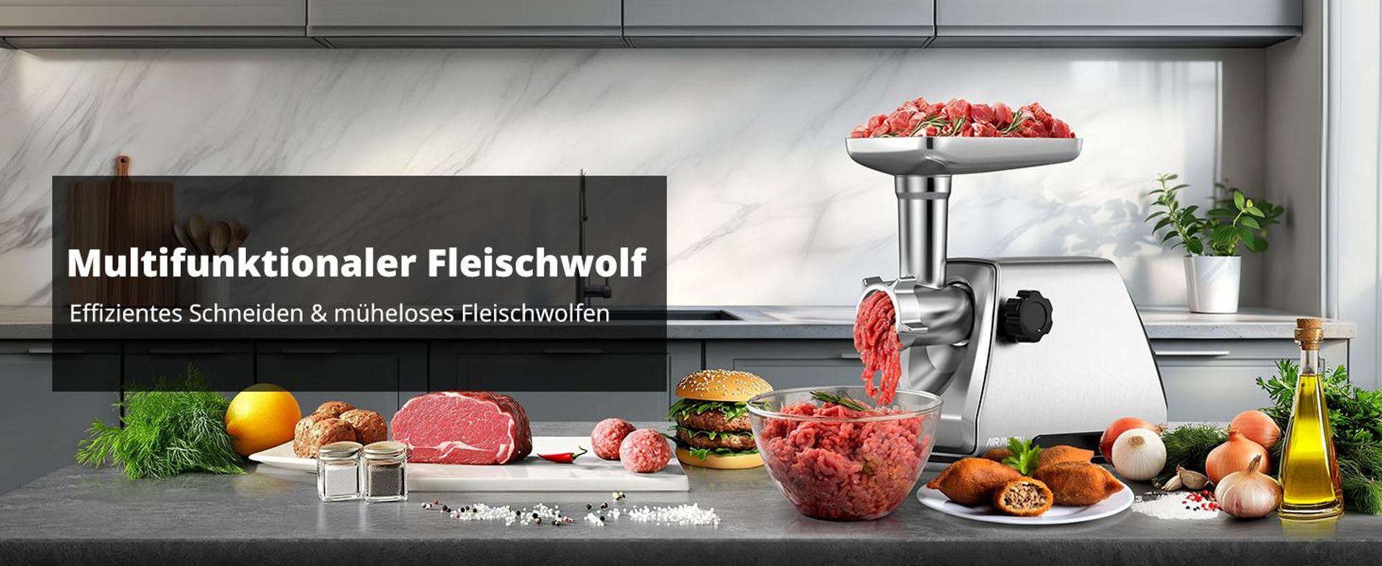 AIRMSEN 2500W Elektrischer Fleischwolf, 3in1 Multi Küchenmaschine,Super-intelligenter Wärmeschutz,Wurstmaschine mit 3 Lochscheiben, 4 Kegel-Klingen