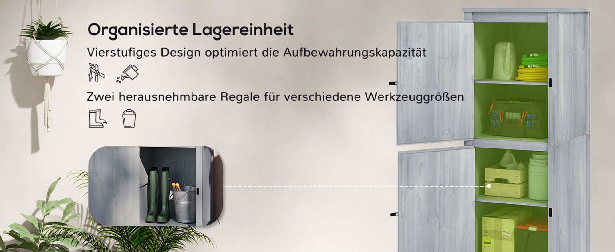 Outsunny Gartenschrank Holz Geräteschuppen wetterfest Geräteschrank, 60x60x160cm