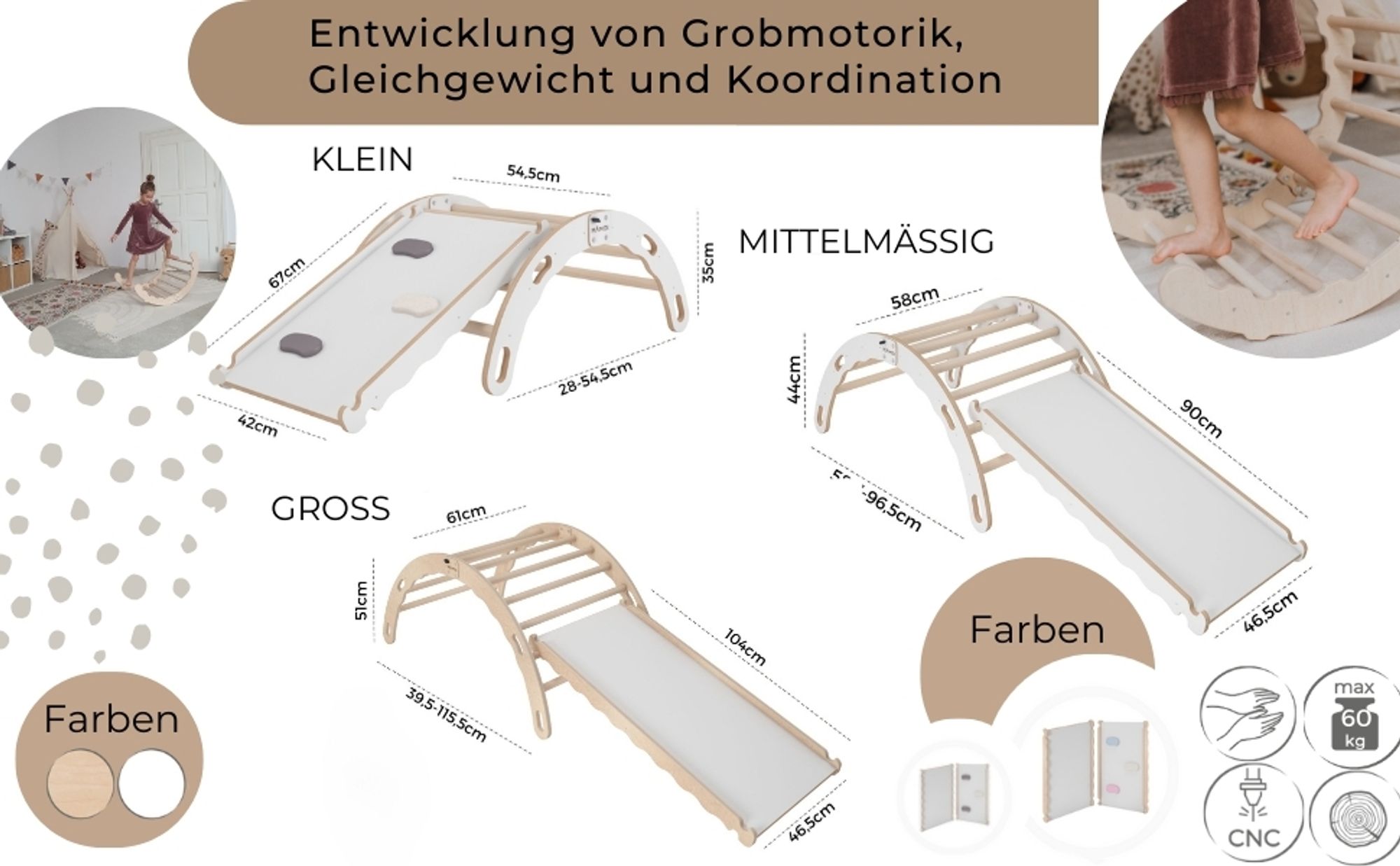MAMOI® Kletterbogen mit rutsche, Kletterdreieck, Baby klettern, Regenbogenwippe aus holz, Holzbogen für Kinder, Rutschbrett für spielplatz, Kletterger