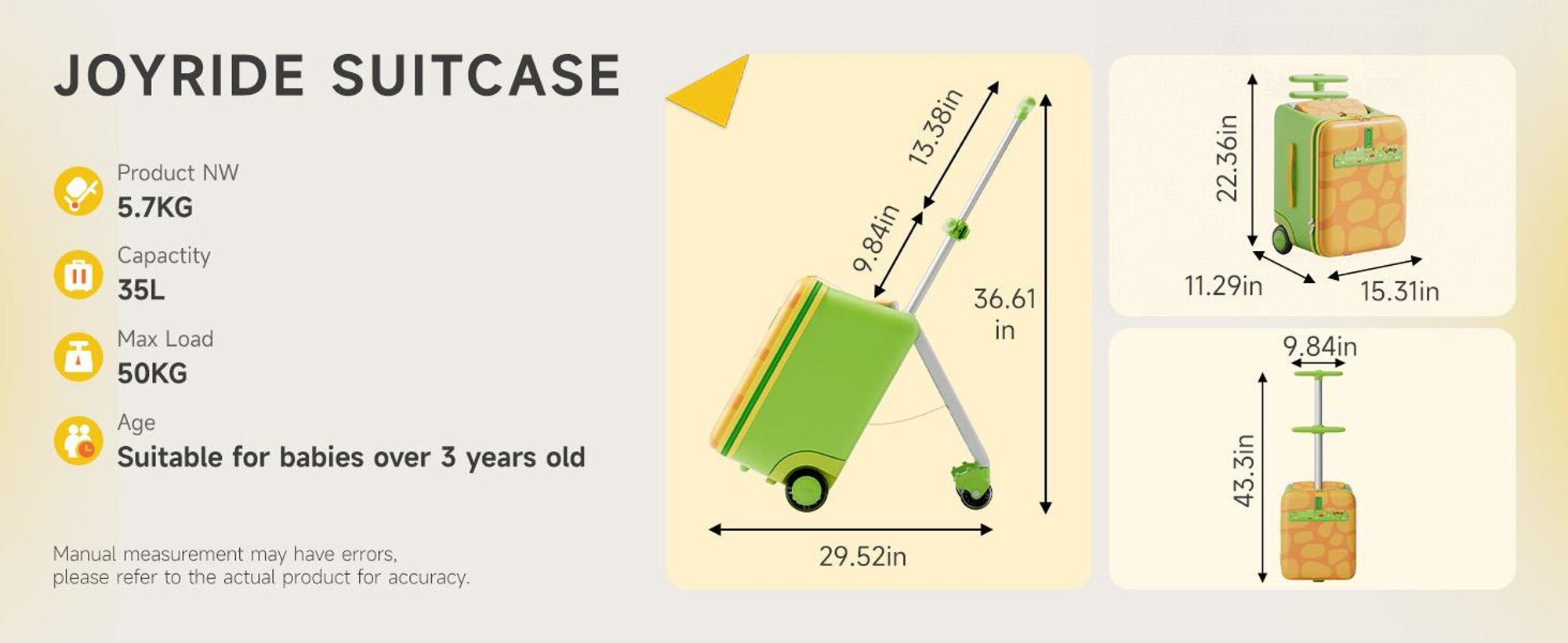 Jovikids Kinderkoffer Drei-in-eins Kinderkoffer, auf dem man reiten kann Kinderwagen 38L Hochbelastbarer Trolley für Kinder ab 3 Jahren (Grün)