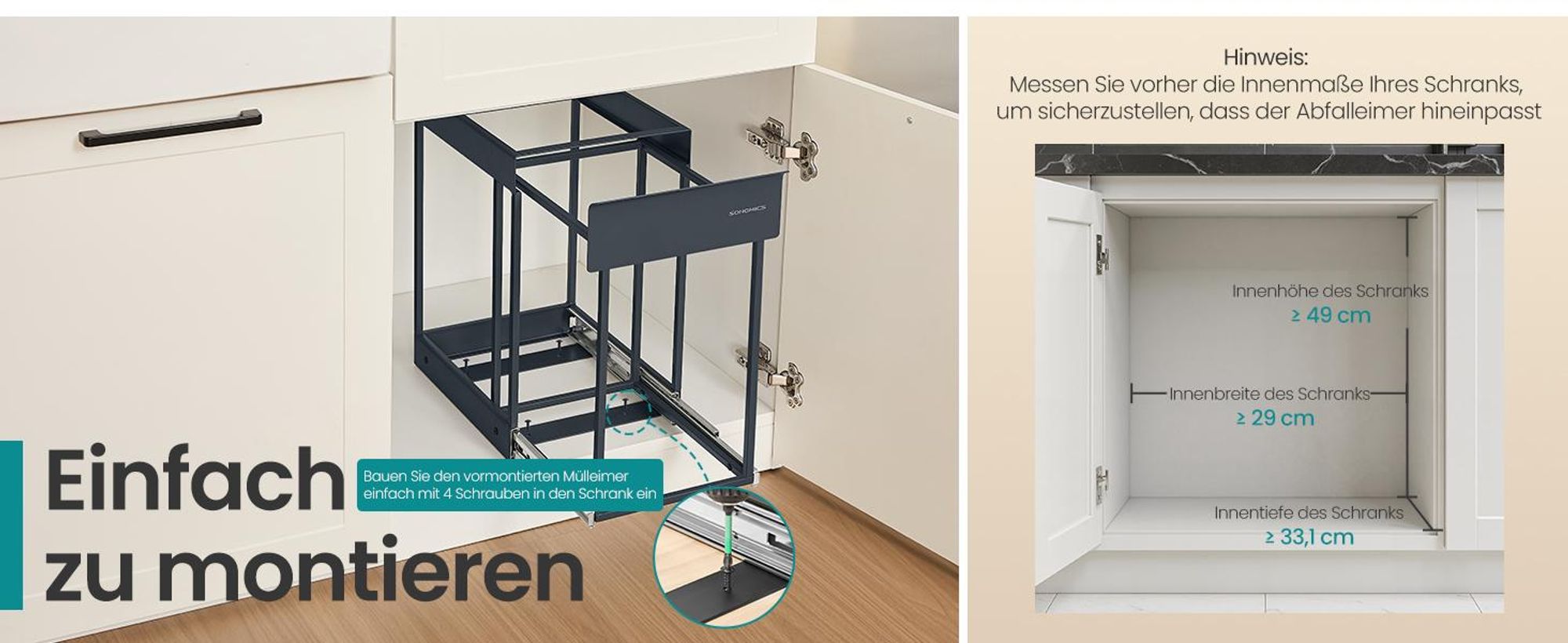 SONGMICS Mülleimer Küche, für Unterschrank, 1 x 20 L, Abfalleimer, ausziehbar, Stahlrahmen, grau