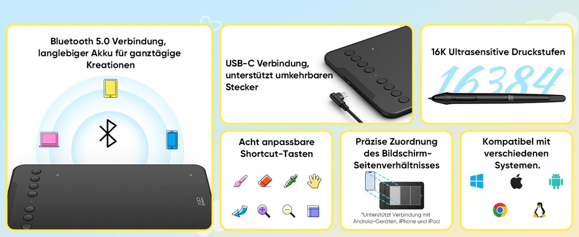XPPen Deco mini7W V2 Kabelloses Grafiktablett, Bluetooth 5.0, 16384 Druckstufen, 8 Shortcuts, kompatibel mit Windows, macOS, Android.