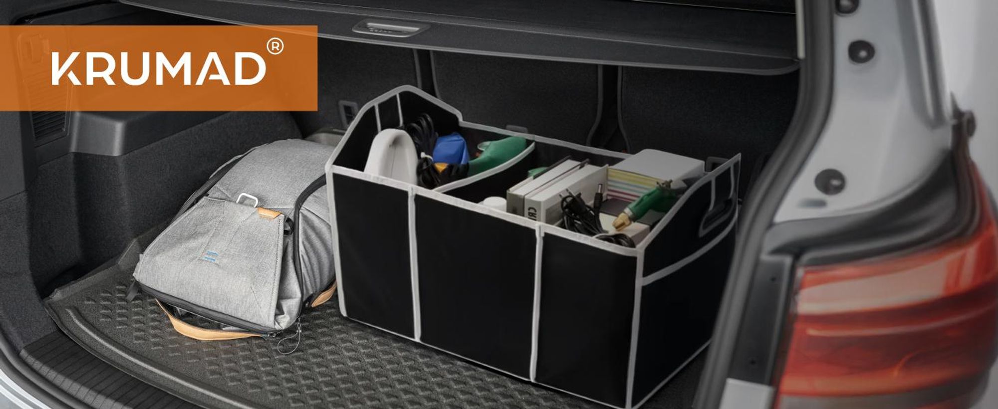 KRUMAD Kofferraum Organizer faltbar, stabiler Auto Organizer für Kofferraum, Einkauf & Camping, leichte Aufbewahrungsbox mit Griffen, schwarz