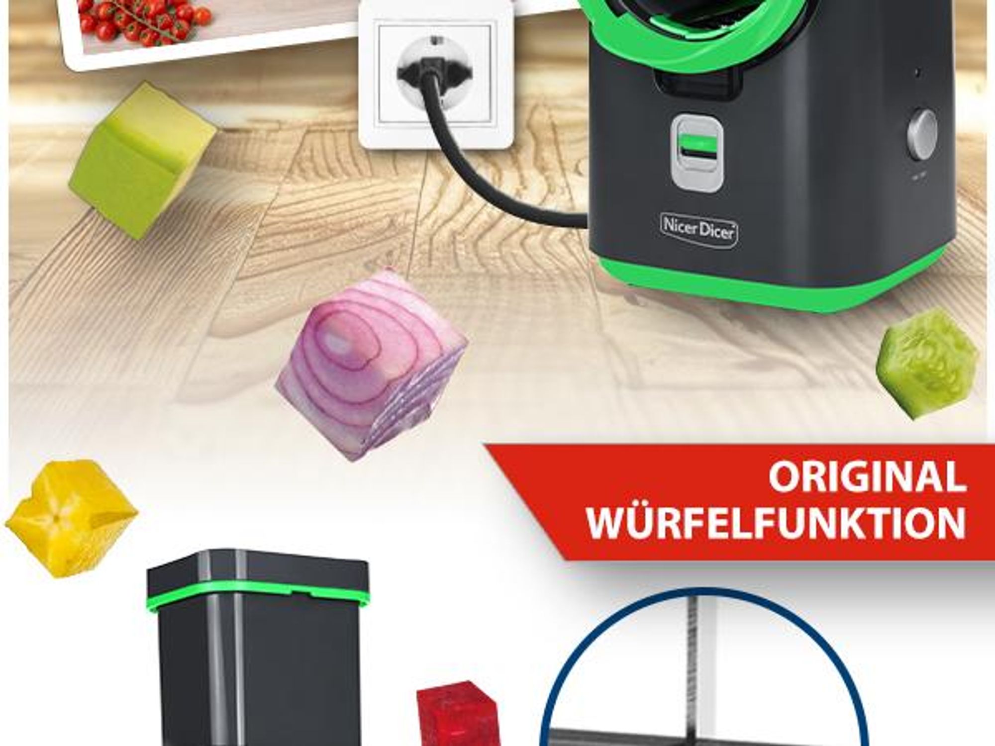 Nicer Dicer Electro Gemüseschneider 25 tlg, elektrische Gemüsehobel für Würfel, Scheiben, Julienne, Multizerkleiner für Gemüse und Obst, 6 Einsätze