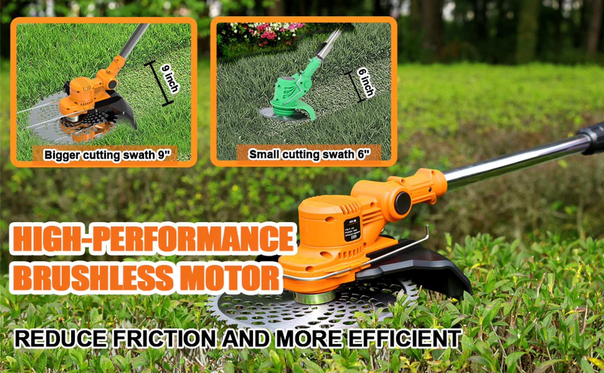 Akku Rasentrimmer mit 2× 4000mAh Akkus, 750W leistungsstarker Freischneider für Gartenarbeit, Rasentrimmer mit Unkrautbürste & Fugenbürste | Orange