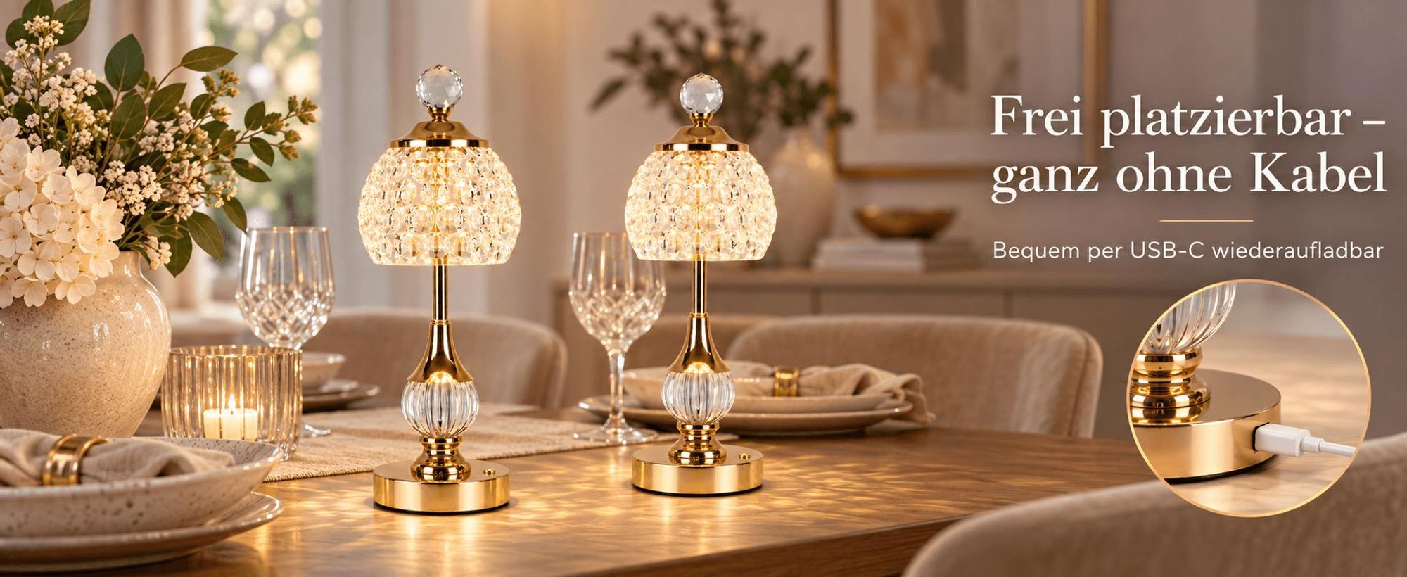 2er Set LED Tischlampen, 3 Lichtfarben 2000-6000K, Touch Tischleuchte, Stufenlos dimmbar, Kristall Nachttischlampe, USB-C Akku 2000mAh, ca. 5-8h