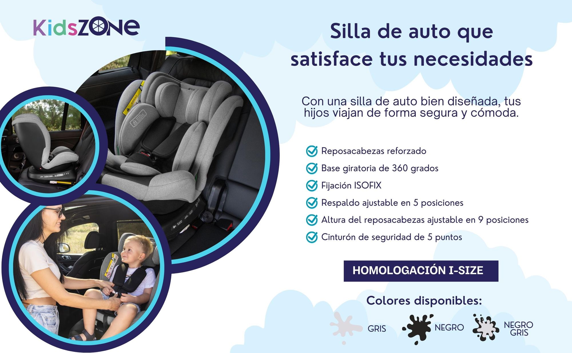 Silla de coche infantil i-Size con ISOFIX, giro 360° y reposacabezas ajustable