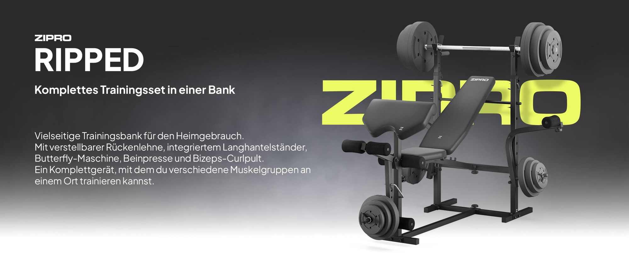 Zipro Multifunktions-Hantelbank Ripped – Kraftstation mit Butterfly Beincurler Inkl. Curlpult & Dip-Station Verstellbare Schrägbank mit Hantelablage
