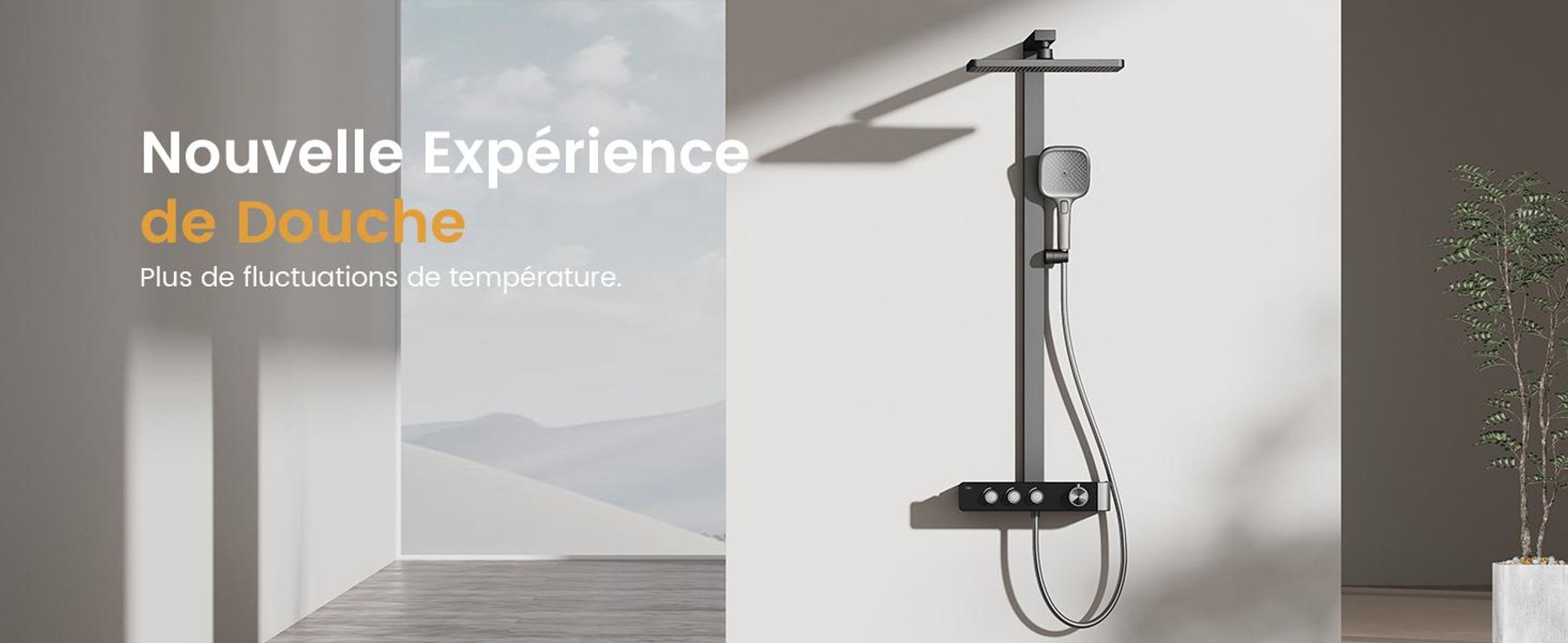 EMKE Système de douche avec thermostat Colonne de douche Anthracite mat avec 360×240mm douche à effet pluie carrée, bec de baignoire, régulateur de débit & tablette en verre F27