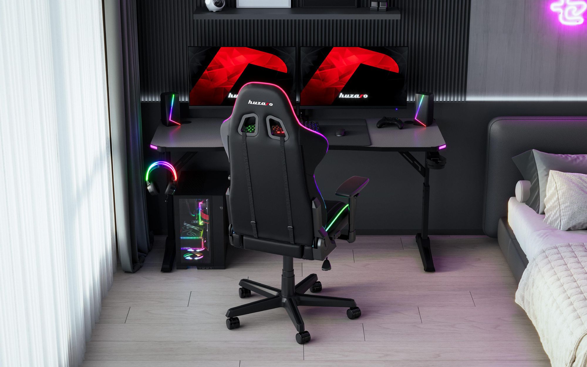 Huzaro Hero 4.6 RGB Gaming Tisch – höhenverstellbar 160x60 cm, LED-Beleuchtung, Carbon-Oberfläche, XXL-Mauspad, Halterungen