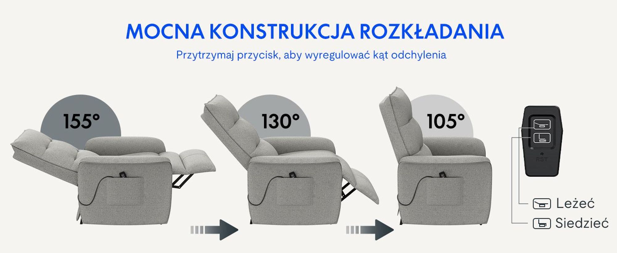 FLEXISPOT Elektryczny fotel relaksacyjny z funkcją leżenia 105°–155°, ergonomiczny fotel z podnóżkiem, fotel TV do 200 kg, jasnoszary