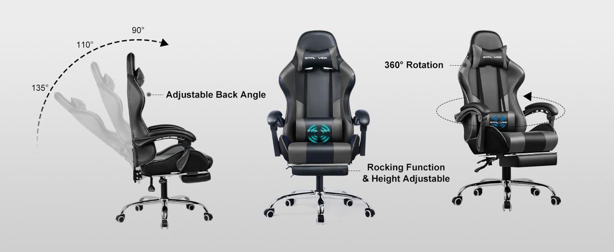 GTPLAYER fotel gamingowy, ergonomiczny fotel biurowy z funkcją masażu i podnóżkiem, rama z uchwytami, stalowa podstawa, szary