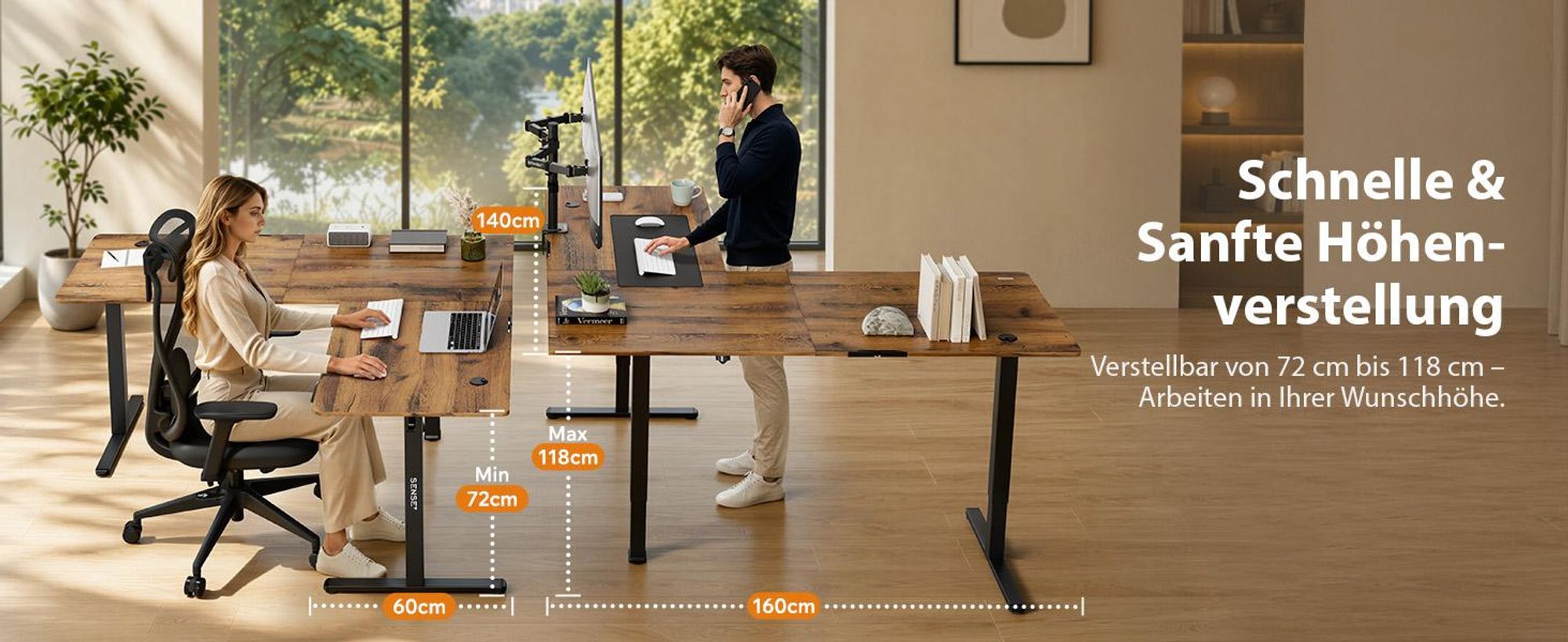 SENSE7 NOJO Light Corner Eckschreibtisch Elektrisch Höhenverstellbar 160x140 L-Form Stehschreibtisch Doppelmotor Holzoptik Dunkelbraun Schwarz