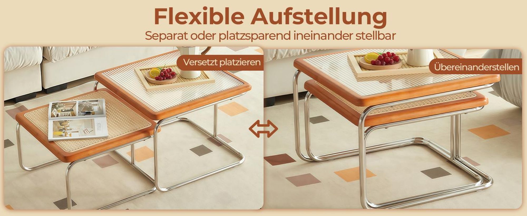 2er Set Couchtisch Beistelltisch 56 x 41 cm & 50 x 34 cm Wohnzimmertisch Sofatisch Kaffeetisch Metallrahme Karamellbraun