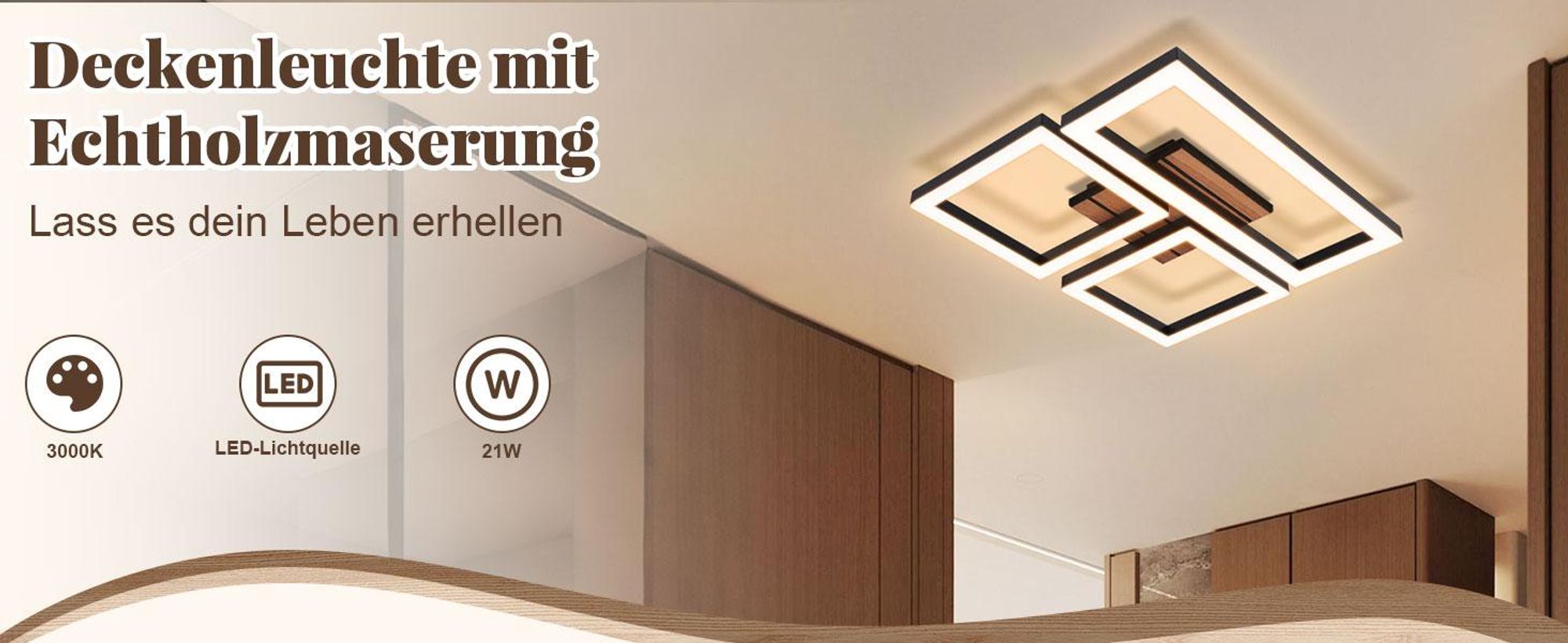 ZMH Plafondlamp LED, retro design, 21W, geschikt voor keuken, als keuklamp, zwart, slaapkamerlamp, halverlichting, 3000K warmwit, rechthoekig, hout, woonkamerlamp