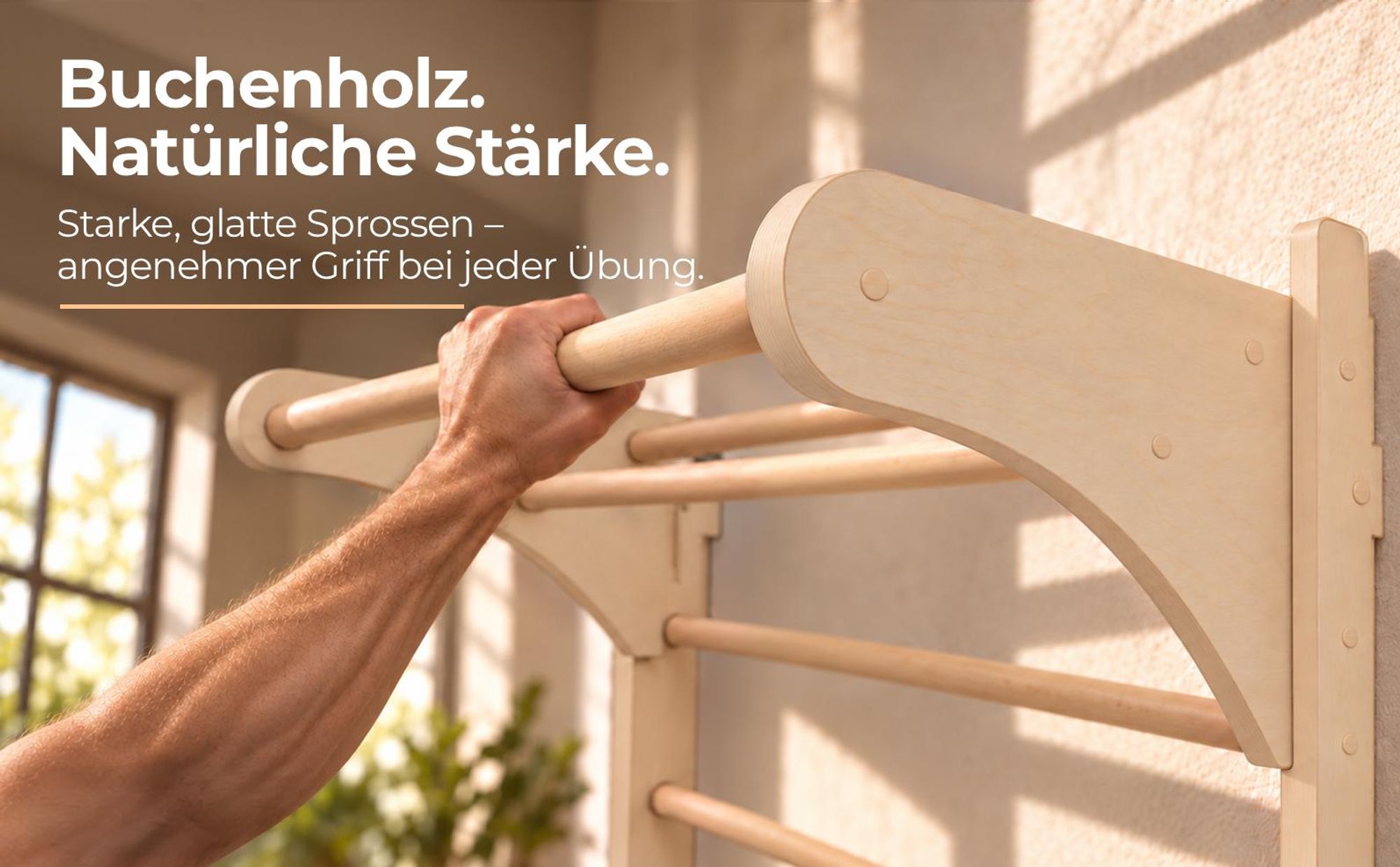 MAMOI® Fitness-Sprossenwand mit Klimmgriff, Ringo, Dip-Barren, Widerstandsbändern und Dehnstab; Ganzkörpertraining zu Hause