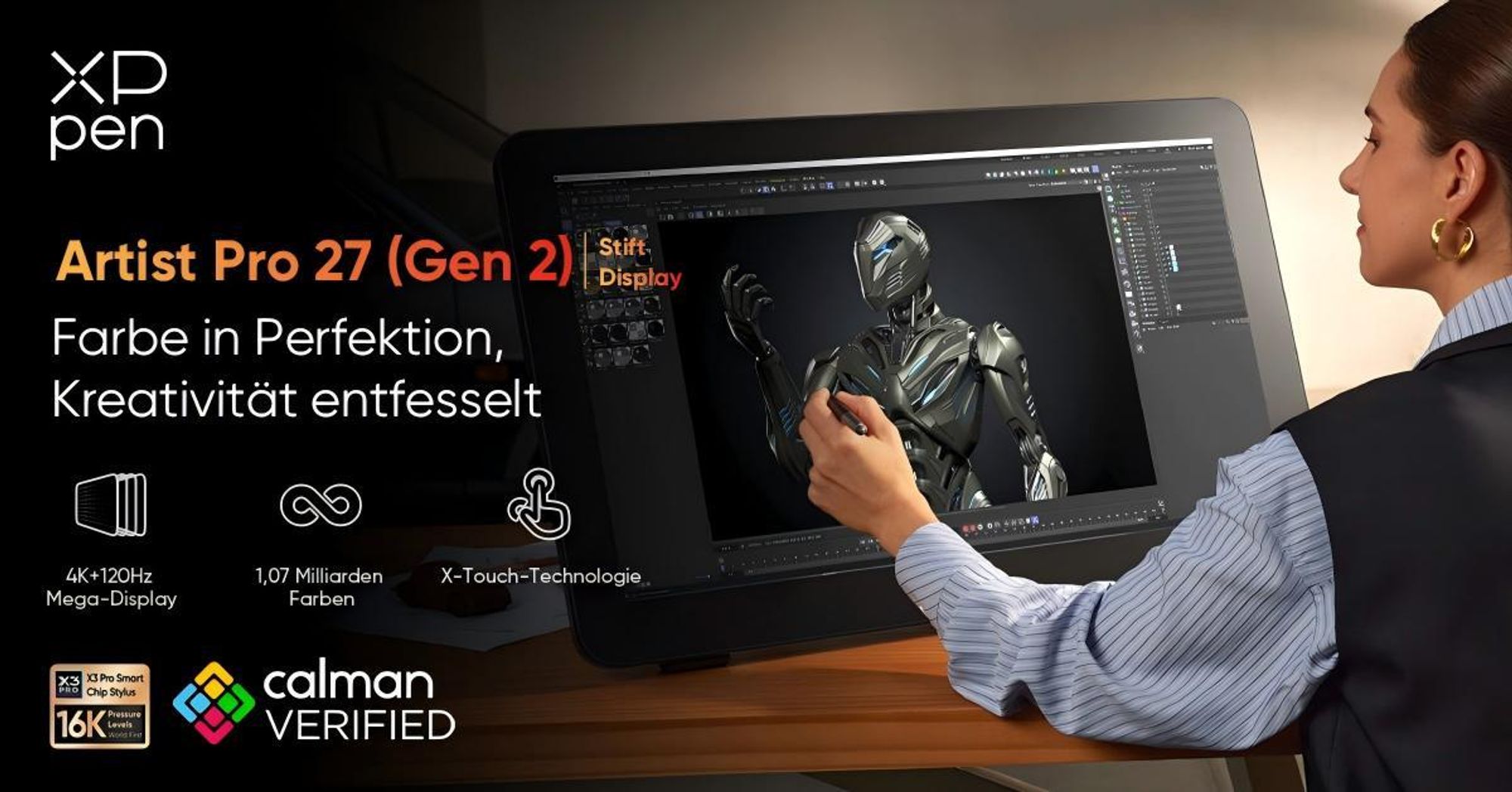XPPen Artist Pro 27 (Gen 2) Grafikmonitor 26,9-Zoll 4K Grafiktablett mit 120Hz, Touchscreen & 99% Adobe RGB