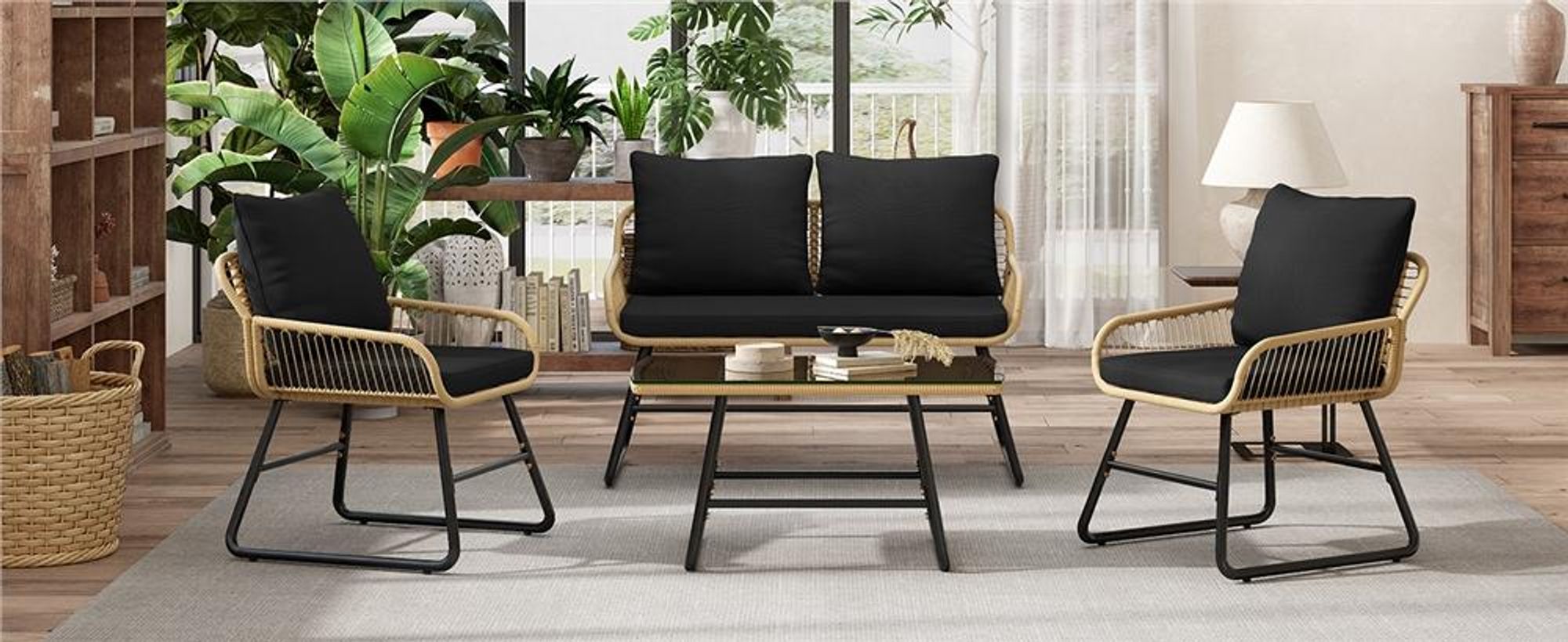 Yaheetech 4-tlg. Gartenmöbel-Set aus Polyrattan, 2-Sitzer & 2 Sessel & 1 Tisch, Lounge-Set mit Sitzkissen, Sitzgruppe für Balkon Terrasse, Bohème-Stil