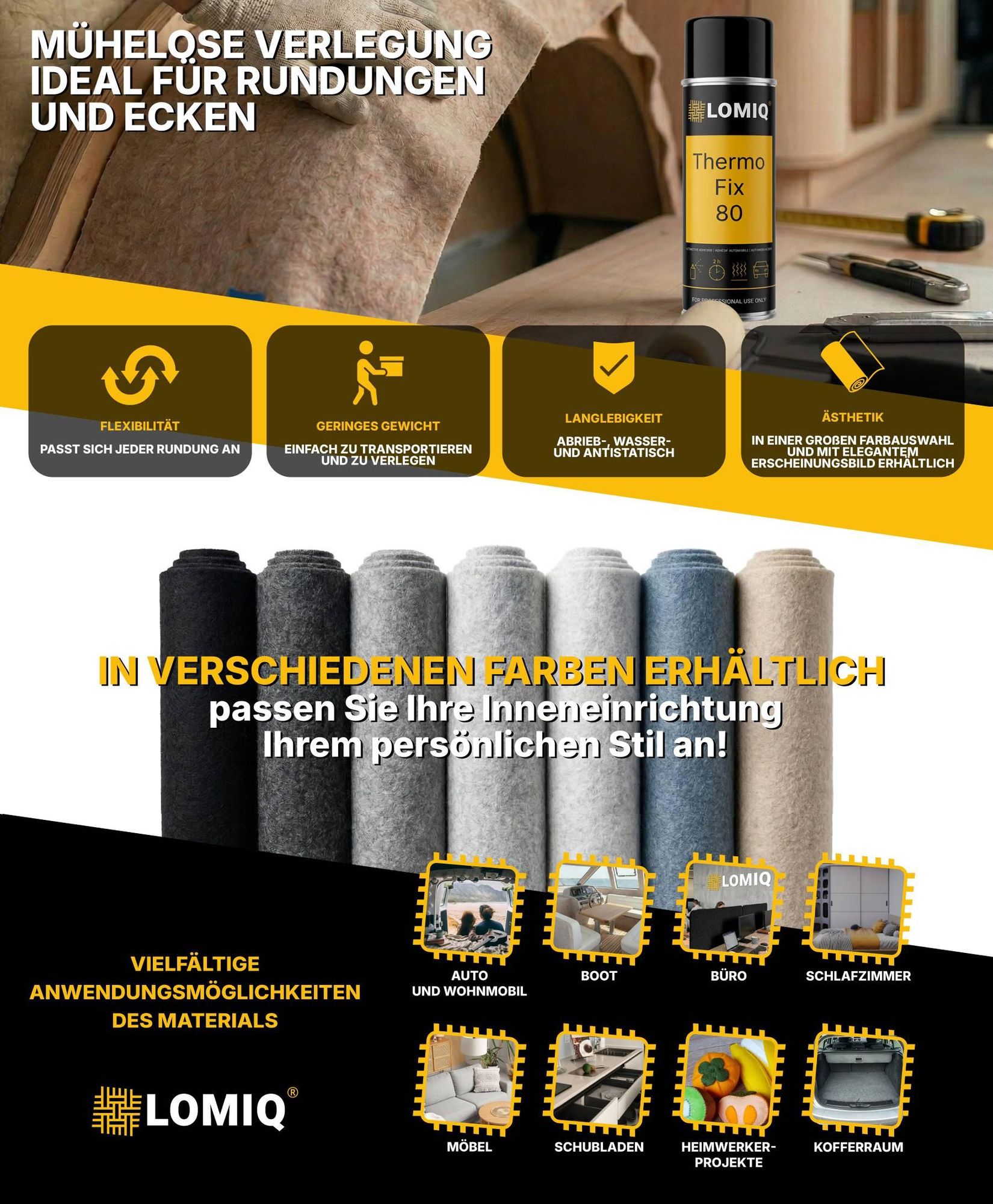 LOMIQ Filz ULTRAFLEX 100x200 cm, Schwarz, Filzstoff Meterware, 300 g/m², Innenraumverkleidung Bezugsstoff Flexibel, Bastelfilz Superflex, Antistatisch Filzmatte für Camper Wohnmobil Auto VW T4 T5 T6